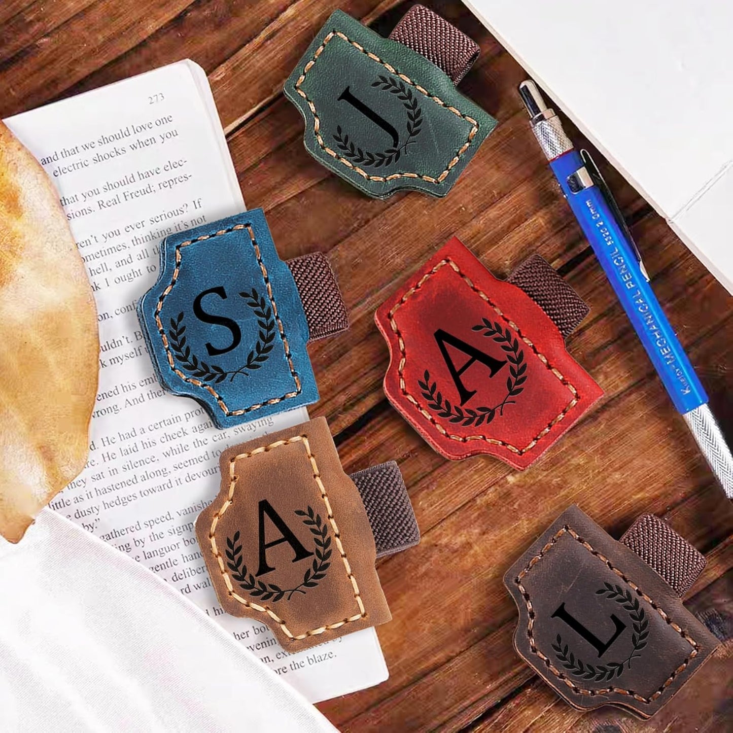 Bygone Mark Bookmark with Pen Holder, 26 Letters Name Initial Personalized Magnetic Bookmarks, Leather Book Mark for Men Women, Travelers Accessories, Teachers Readers Book Lovers Gifts (Coffee, R)