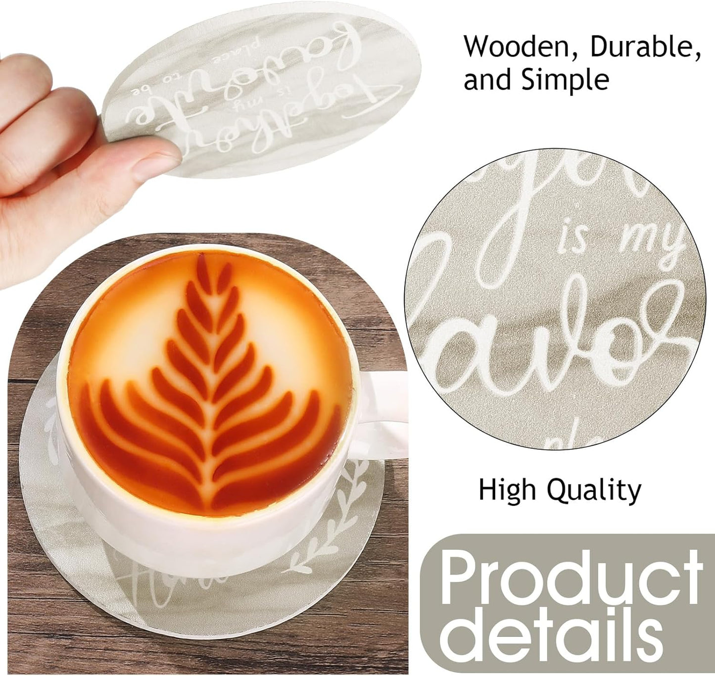 Queekay Housewarming Gifts for Home Decoration Wooden Heart Coasters for Drinks 6 Set Farmhouse Coasters with Holder Funny for Family Coffee Table Protection, 4''(Brown Marble)