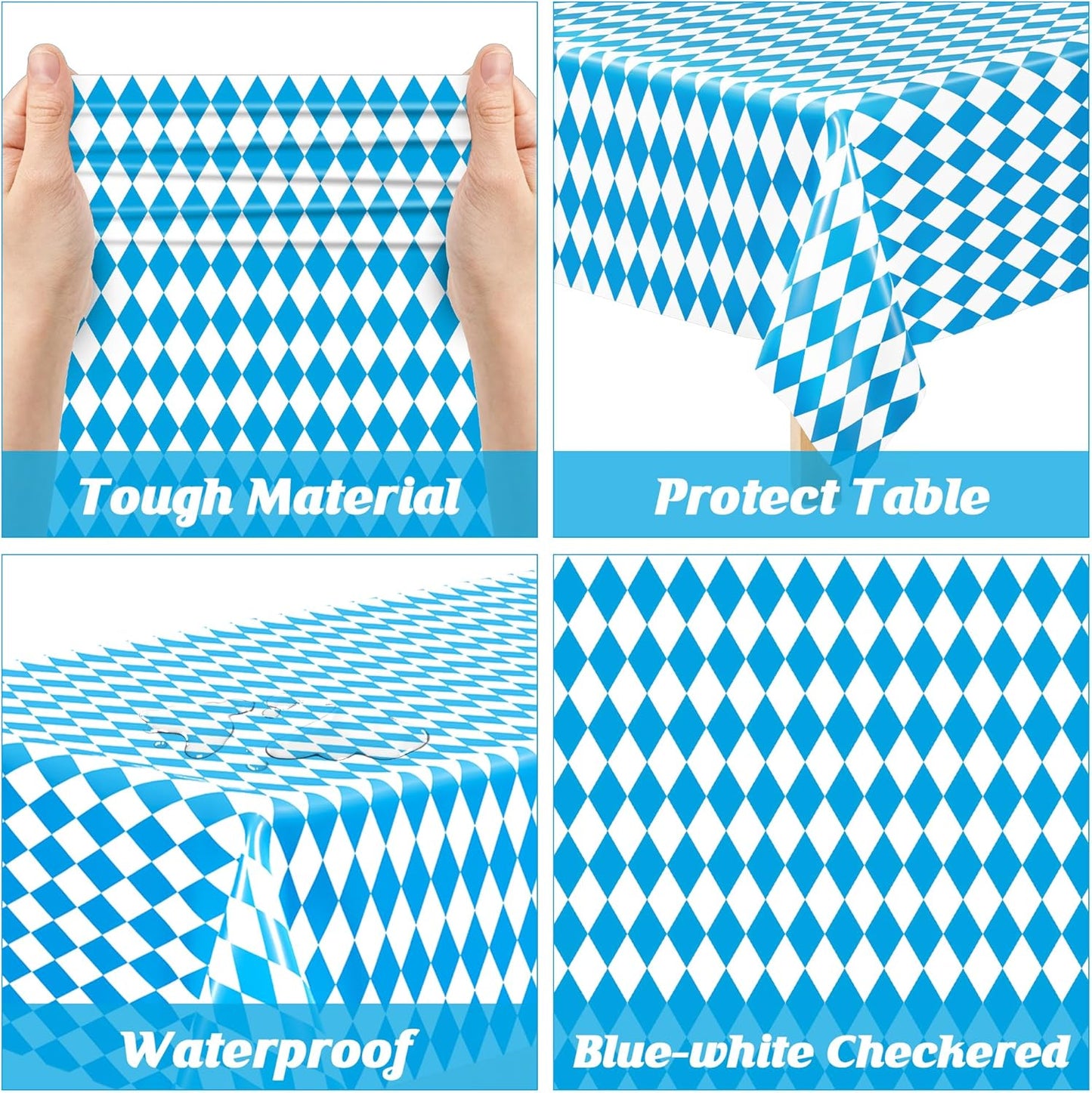 QZYL 6 PCS Oktoberfest Party Supplies, 54 X 108 in Rectangular Plastic Bavarian Blue White Diamond Checks Tablecloth, Disposable Oktoberfest Decorations, Tablecloth for Wonderland Picnic Beer Party