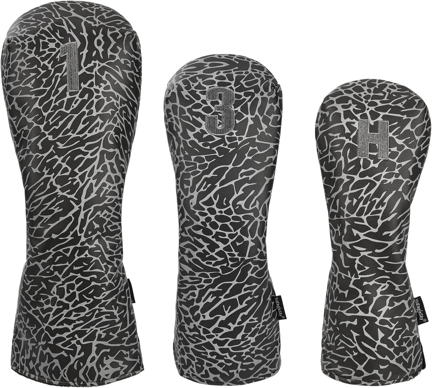 Golf Driver Head Covers 3-Pack for Men & Women - Premium PU Leather with Elephant Embroidery, Double Elastic Band (Driver/Fairway/Hybrid), Waterproof & Durable - White Grey or Black Grey