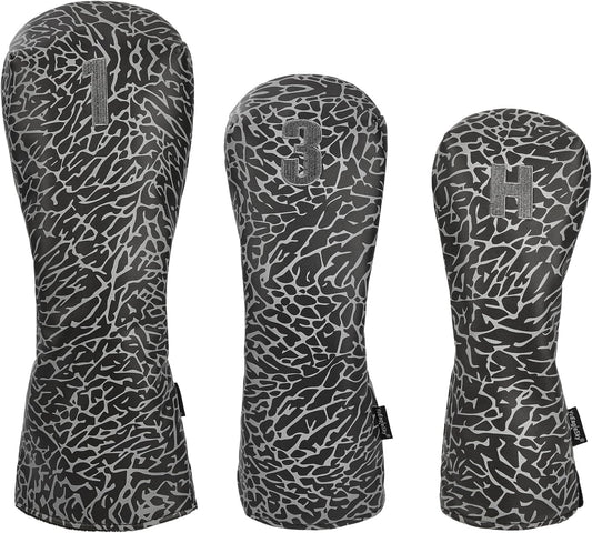 Golf Driver Head Covers 3-Pack for Men & Women - Premium PU Leather with Elephant Embroidery, Double Elastic Band (Driver/Fairway/Hybrid), Waterproof & Durable - White Grey or Black Grey