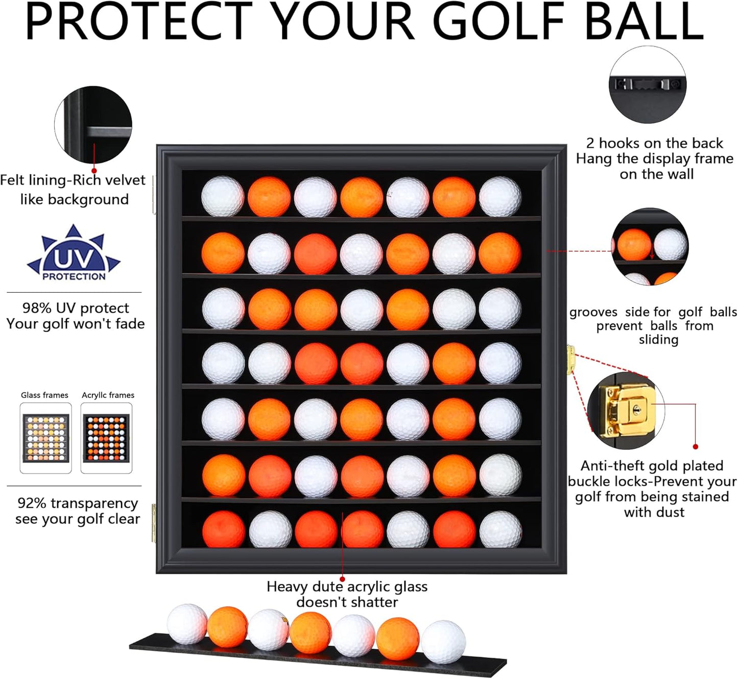 49 Golf Ball Display Case Cabinet Wall,Golf Ball Display Rack ,Golf Gift for Golf Enthusiast Collectibles with UV Protection Acrylic Door(Black)