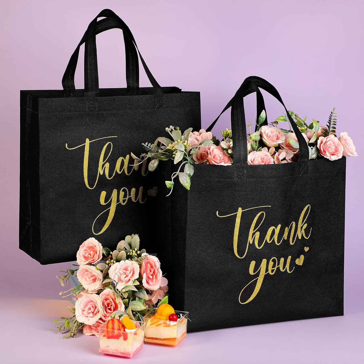 Sweetude 30 Pcs Thank You Gift Bags with Handles Bulk Reusable Goodie Bag Non Woven Foldable Handbag for Graduation Wedding Bridesmaid Gifts(11 x 12 x 5 Inch,Black)