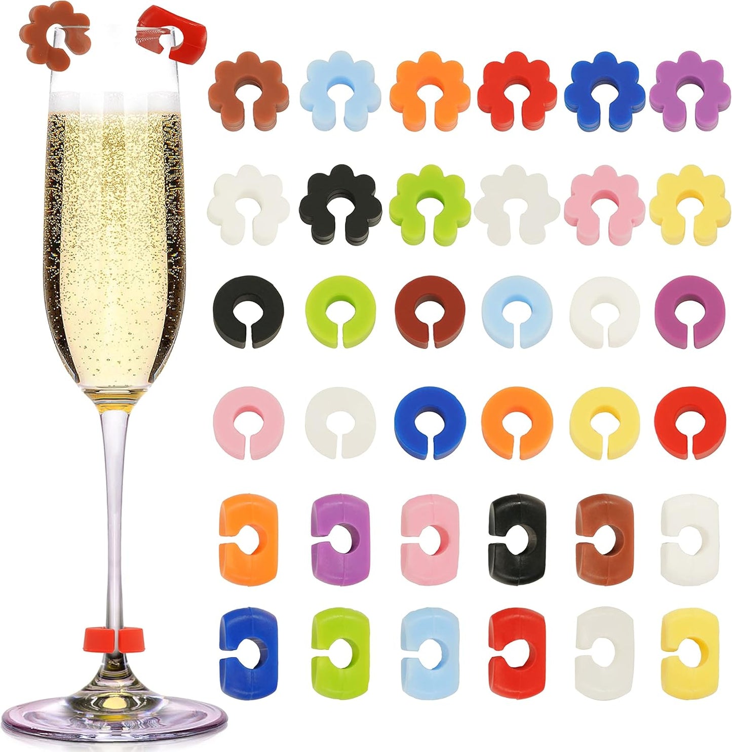 36Pcs Silicone Drink Markers, 3 Shapes and Colored Wine Glass Charms for Bar Party Champagne Flutes Cocktails Martinis