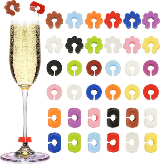 36Pcs Silicone Drink Markers, 3 Shapes and Colored Wine Glass Charms for Bar Party Champagne Flutes Cocktails Martinis