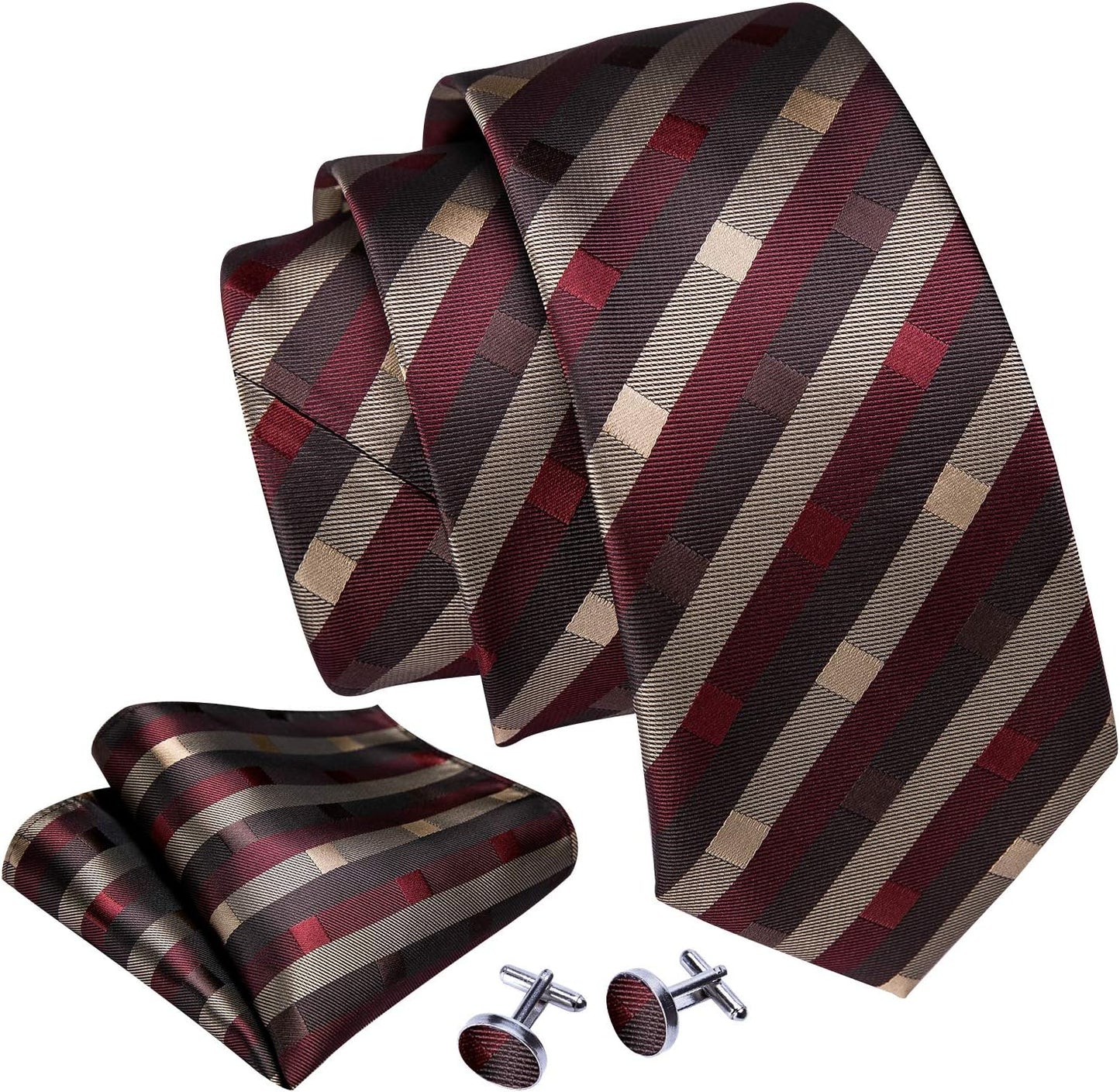 Barry.Wang Designer Classic Ties for Men Set Formal Pocket Square Cufflink Check Plaid