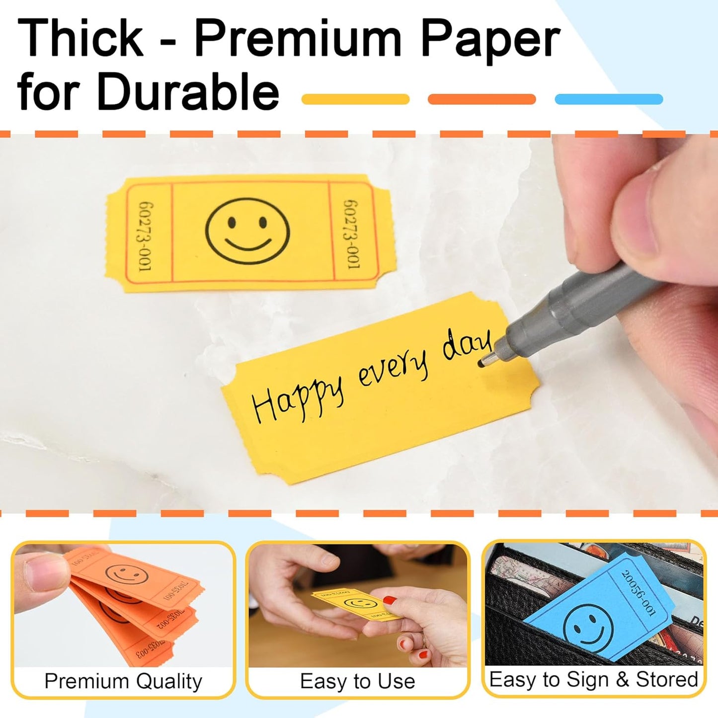 L LIKED 1500 Raffle Tickets Roll, 3 Assorted Colors, 1x2 Inch Smile Ticket for Events, Entry, Class Reward, Parties, Giveaways & Prizes (Yellow, Orange, Blue)