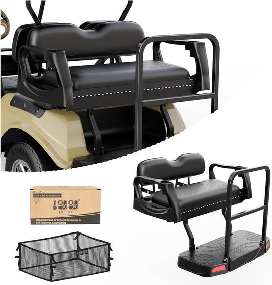 10L0L Golf Cart Rear Flip Seat Kit for Club Car DS Gas & Electric, Deluxe Flip Folding Back Seat Kit with Widened Grab Bar, Black Leather Cushions, Cargo Net