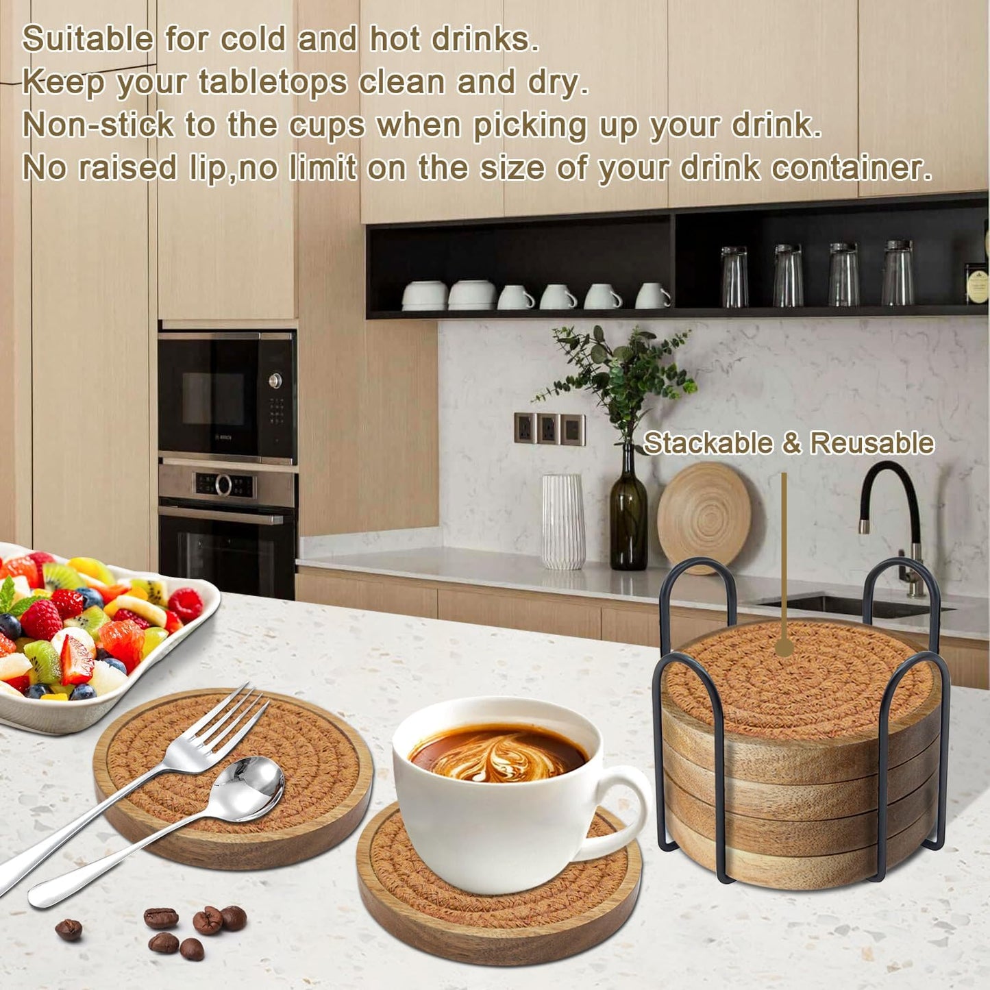 6 Pack Coasters for Drinks Absorbent, 4.3 inches Cork Coasters for Coffee Tables, Wooden Drink Coasters for Table Protection, Cute Coasters for Kitchen, Farmhouse, Bar, and Office (Dark Brown)