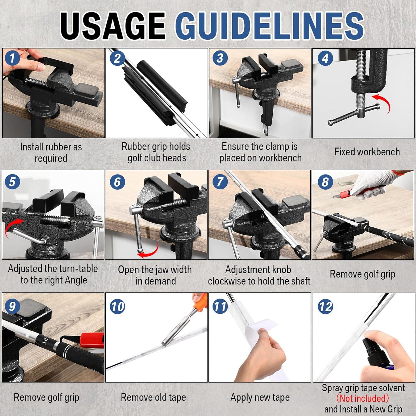 Lasnten Golf Club Regripping Kit 360° Swivel Table Vise 26 Double-Sided Tapes Rubber Sleeve & Gloves, Grip Remover, Hook Knife, No Solvent Grip Needed Portable Golf Tool