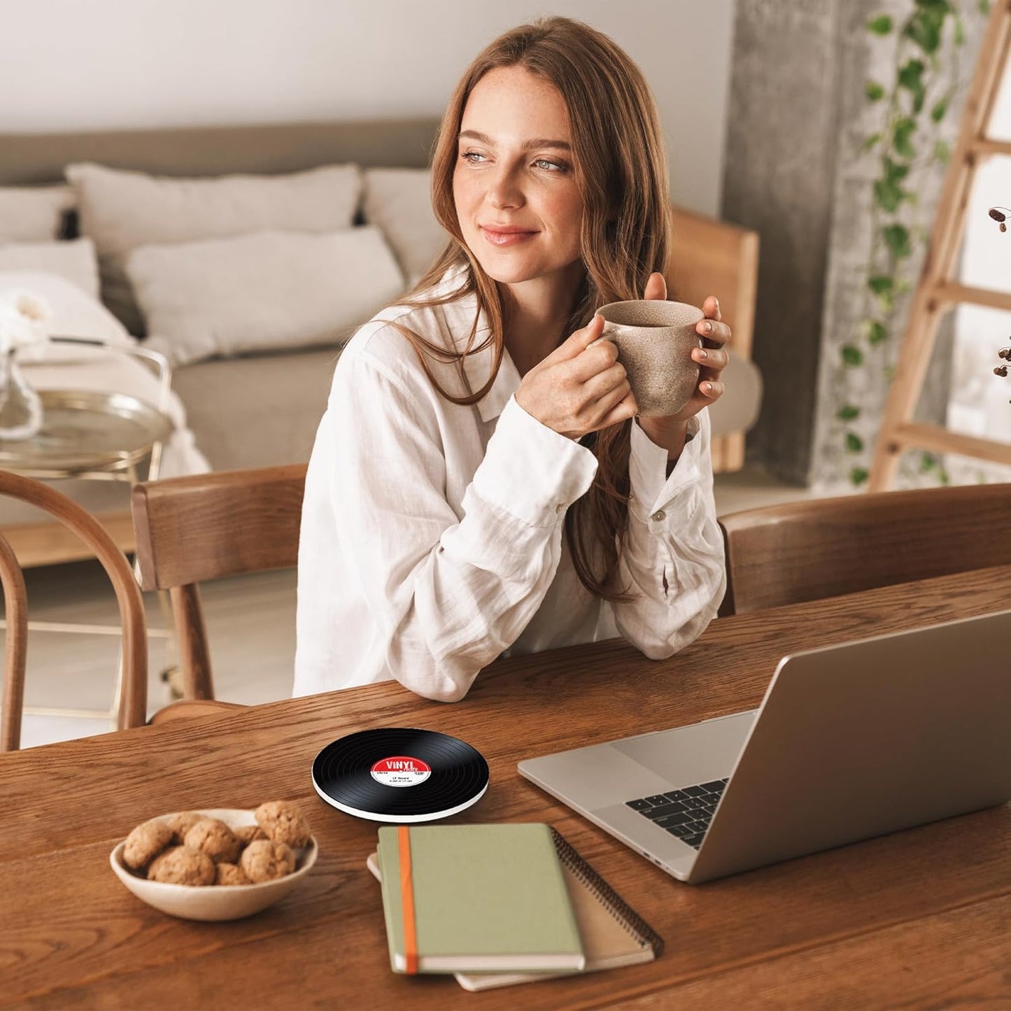 Drinks Coasters Set of 4, Old Record Player Music Round 4" Cup Coasters, Absorbent Ceramic Stone Coasters with Cork Base, Cute Coasters for Table Home Décor, Ideal Gifts for Women Men