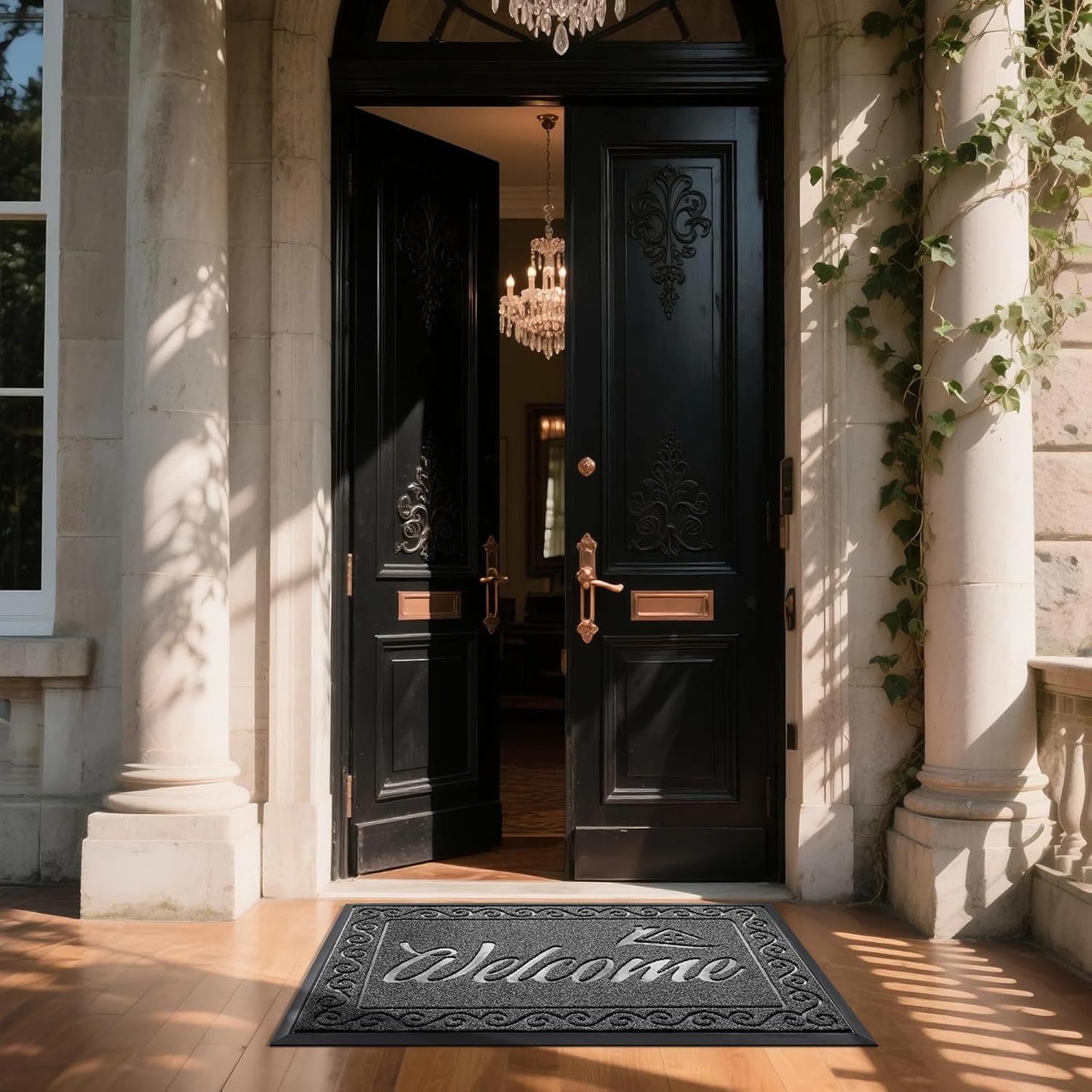 Yimobra Welcome Mat, Heavy Duty Sturdy Door Mats for Home Entrance Outdoor Indoor, Front Doormat for Outside Patio Floor Entry Porch Garage Office, Waterproof, Low Profile, 47X32 Inches, Black Grey