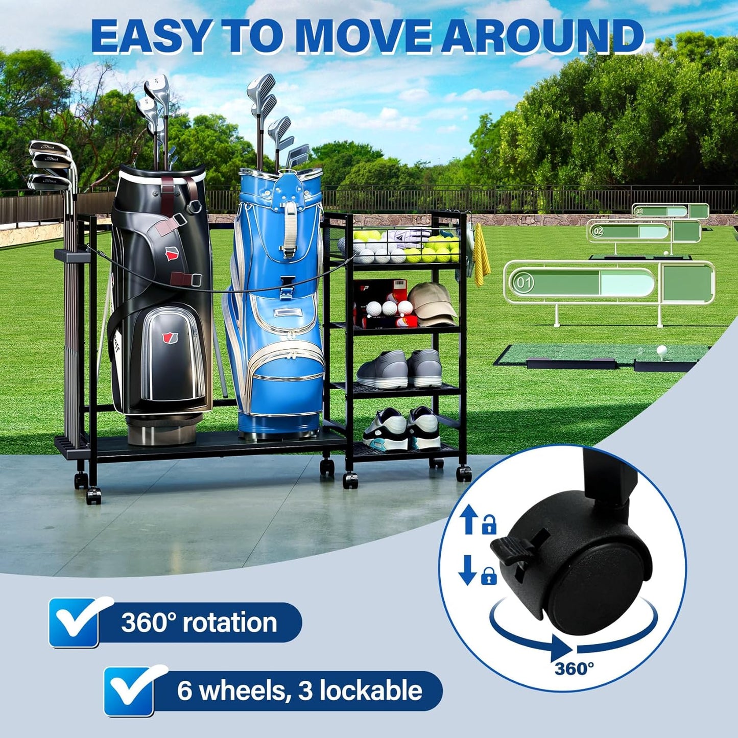 TC-HOMENY Golf Bag Storage Organizer for Garage, Golf Bag Stand with Wheels, Golf Bag Organizer for 2 Golf Bags, Golf Bag Accessories Storage Rack, Extra Golf Clubs Equipment Stand, Golf Bag Holder