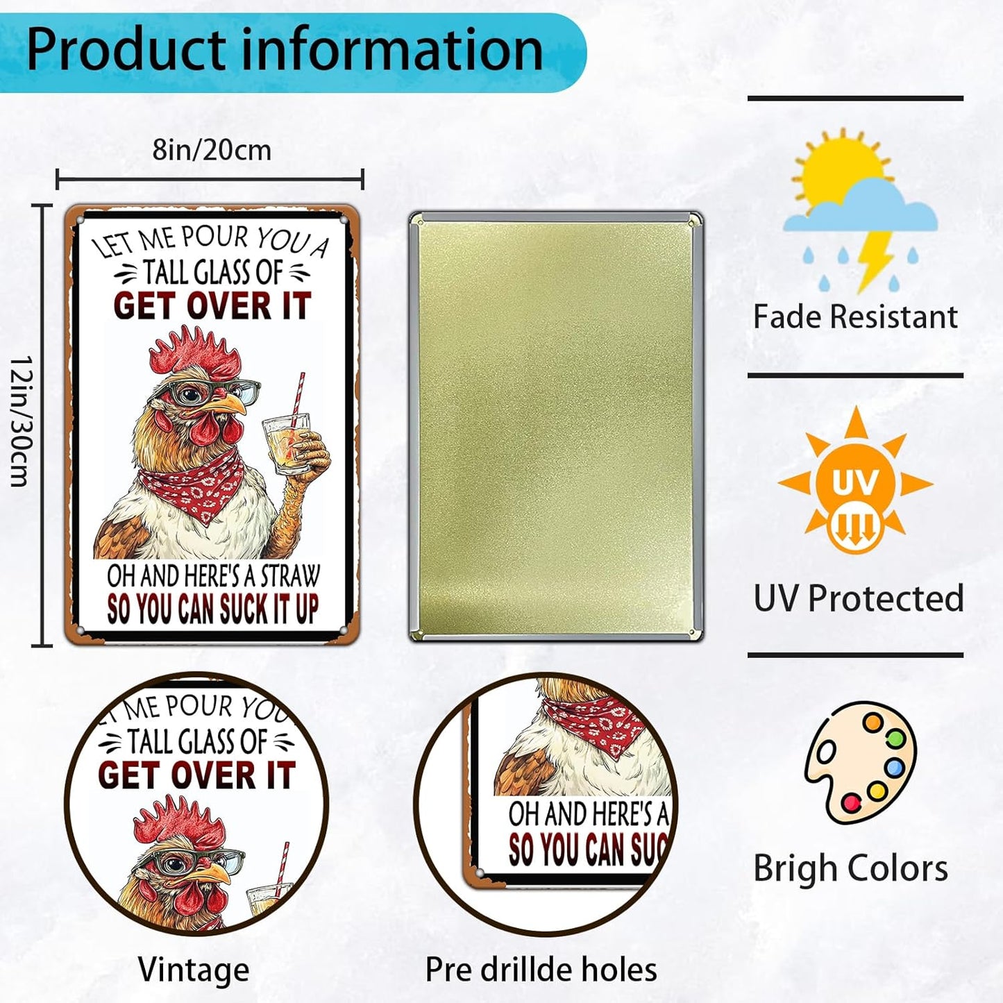 Vintage Chicken Let Me Pour You A Tall Glass Of Get Over It Aluminum Metal Tin Sign 12x8 Inch Home Kitchen Garden Wall Decor