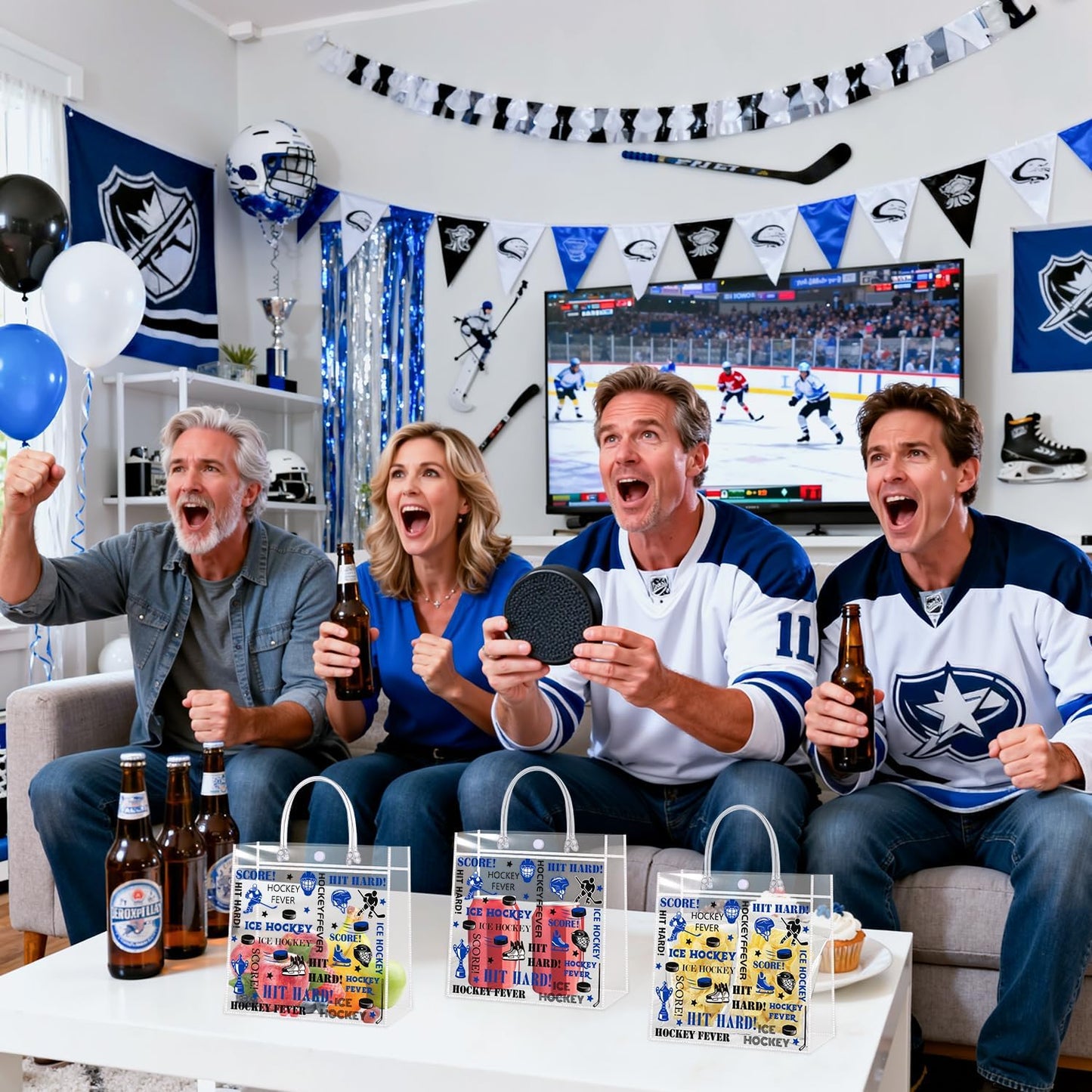 Liobelon 24 Pieces Transparent Ice Hockey Goodie Bags Hockey Clear PVC Gift Bag with Handles 7.9 x 7.9 x 3.1Inch Sport Theme Party Favor Bags for Birthday Holiday Sports Team Game Celebration