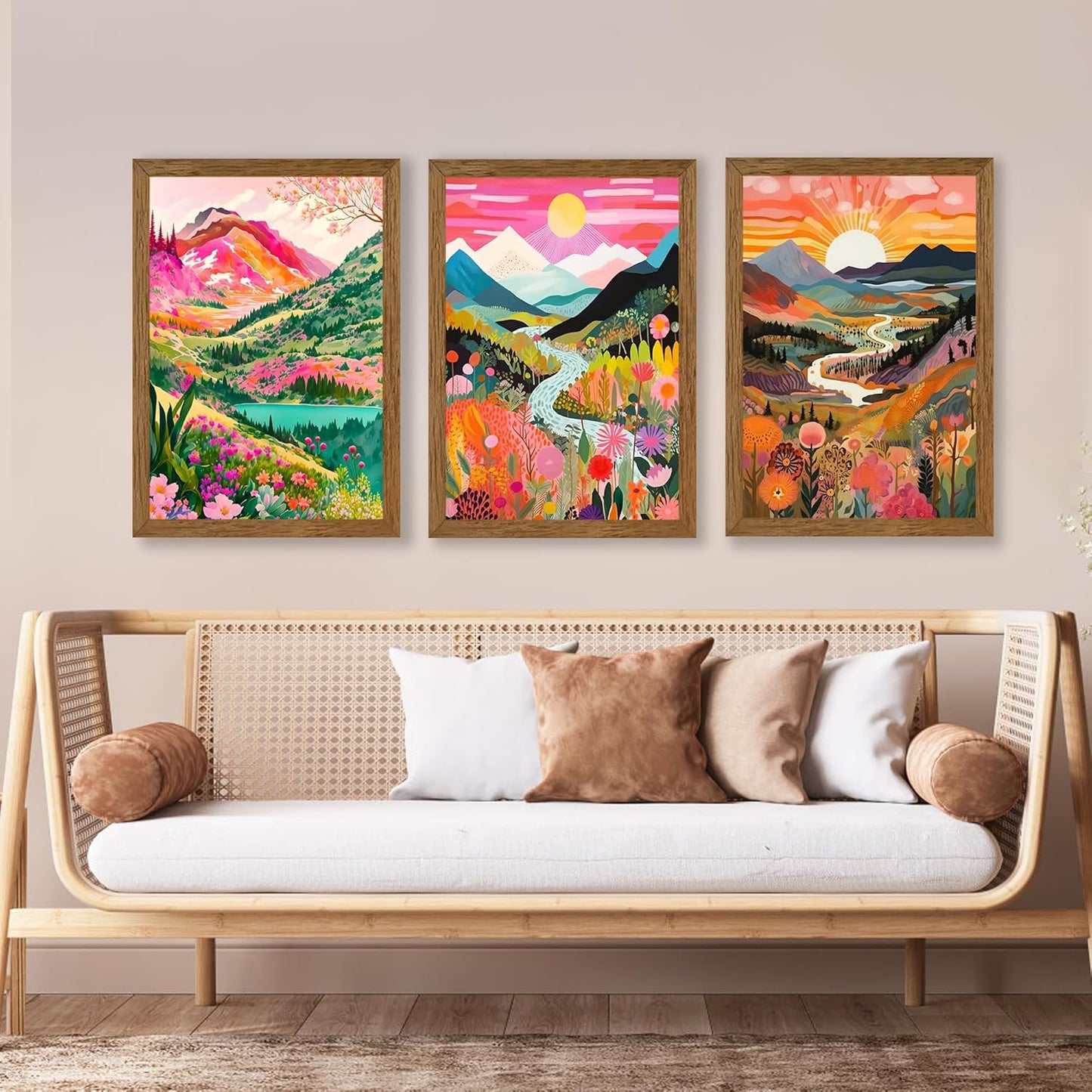 DUWQU 3 piece Colorful Watercolor Mountain Canvas Wall Art Boho Floral Painting Picture Wall Decor Abstract Nature Landscape Poster Print Artwork for Living Room Bedroom Office 16x24 Inch Wood Frames