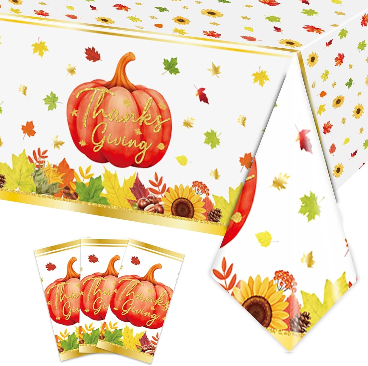 3 Pcs Fall Pumpkin Tablecloths, 54 * 108 Inch Thanksgiving Table Cover, Watercolor Pumpkin Maple Leaf Plastic Tablecloths for Fall Party, Thanksgiving Decorations