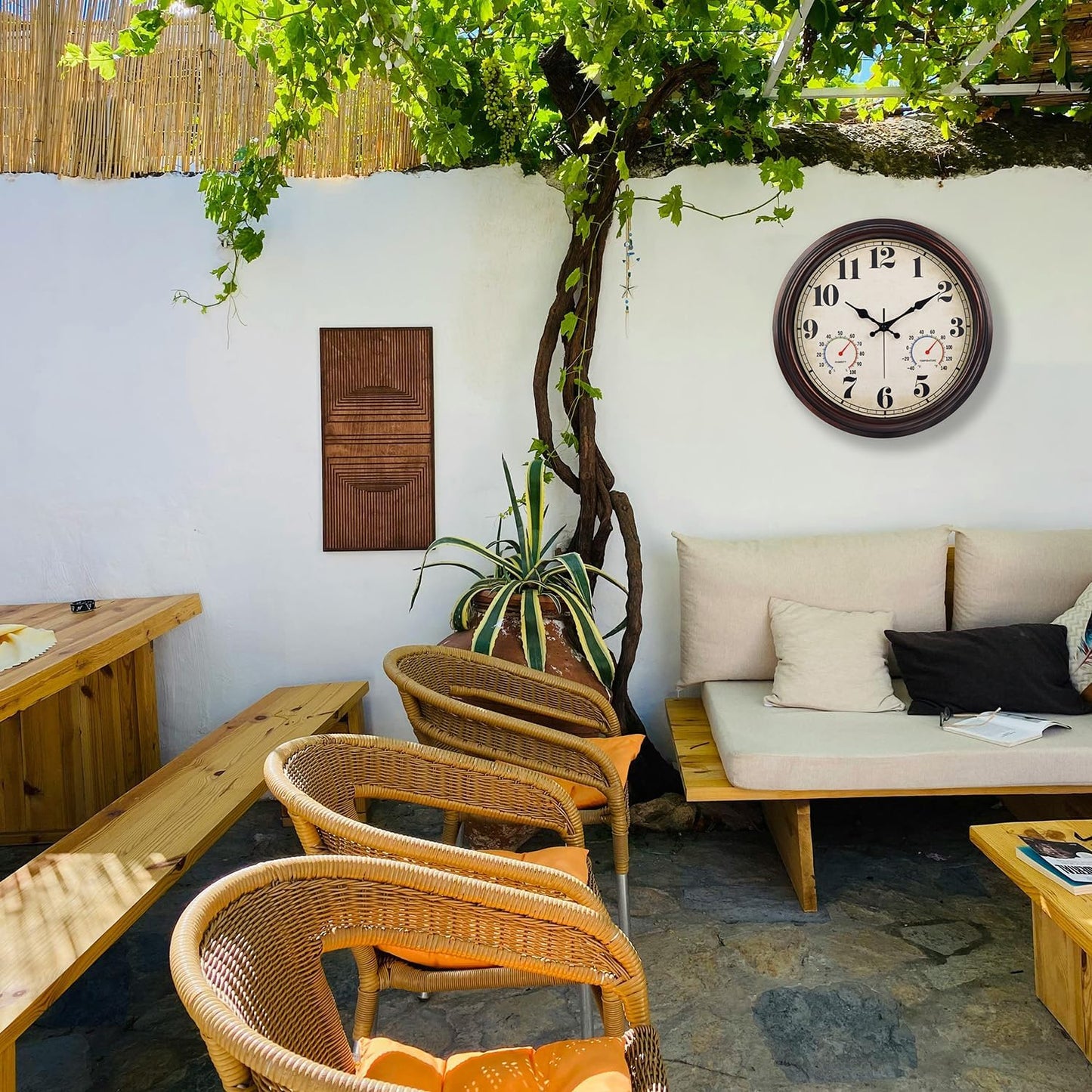 JENLYSTIME 16 Inch Dark Brown Vintage Wall Clock with Thermometer & Hygrometer - Waterproof Decorative Indoor/Outdoor Clock with Large Numerals & Silent Sweep Movement - Ideal for Porch, Garden, Pool