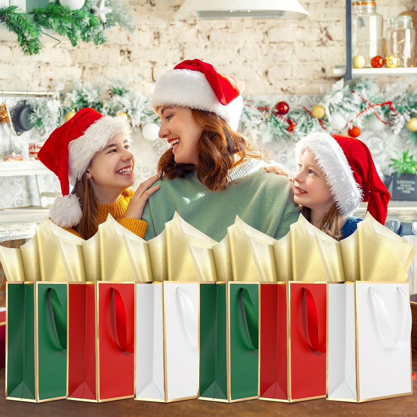 Yeaqee 24 Pack Metallic Paper Gift Bags with Handle and Tissue 9x7x3.1 Gold Foil Welcome Favor Bags Return Gifts for Wedding Fall 5 Senses Christmas Bridesmaid Birthday (Red Green White)