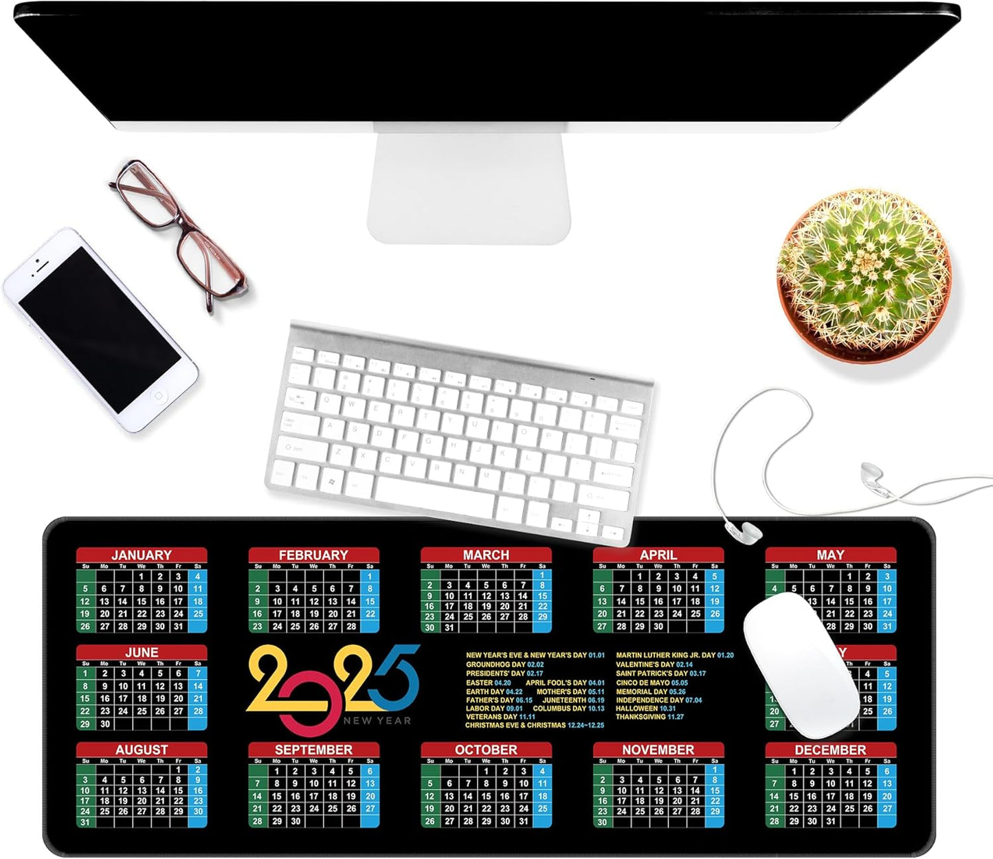 Dynippy Thin Extended Gaming Mouse Pad （31.5 * 11.8 * 0.08 inch） with Stitched Edges Large Mousepad Long XXL Keyboard and Mouse pad Desk Mat for Gaming Office & Home - 2025 Calendar Holidays