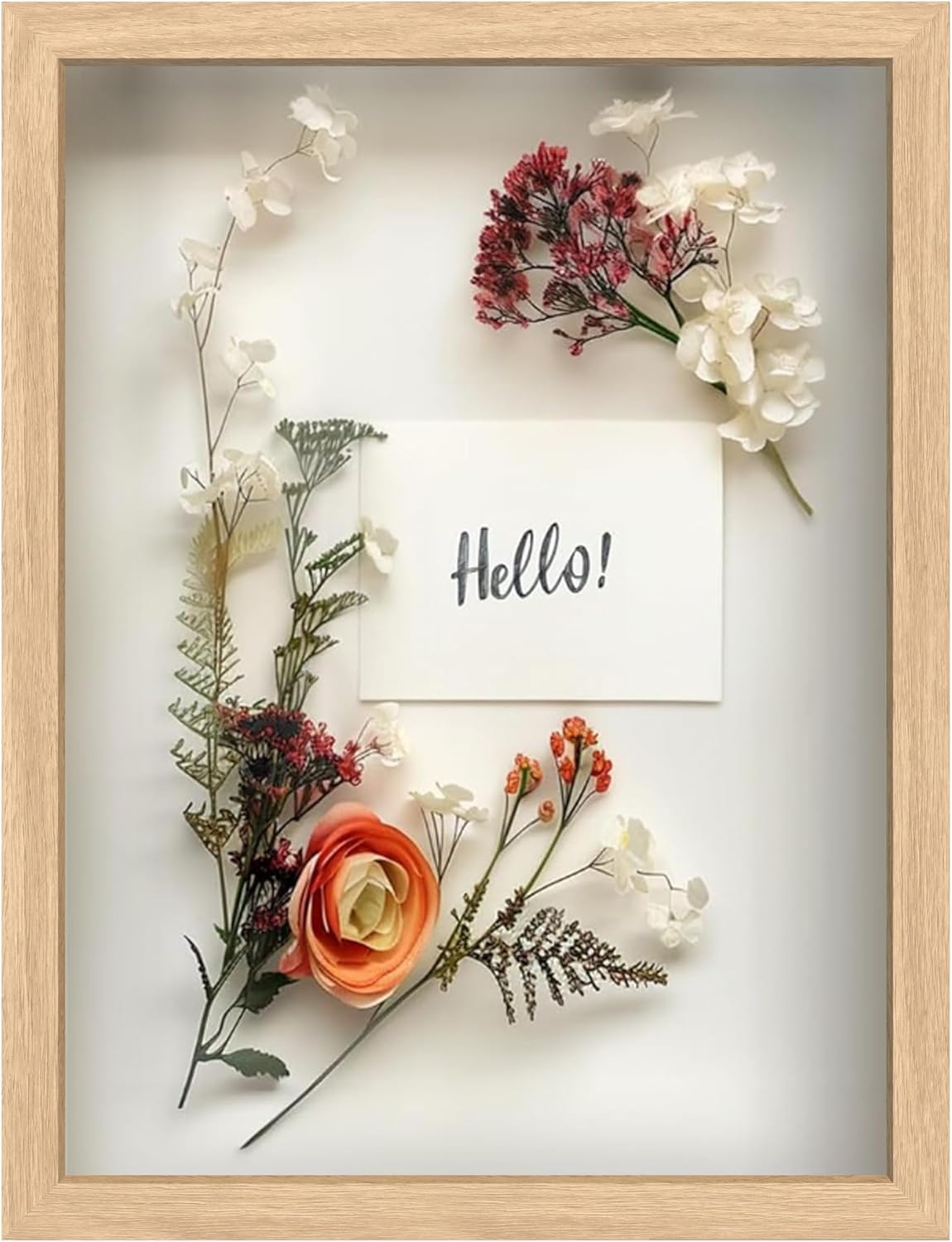 FrameWorks 12” x 16” Natural Oak Wooden Shadow Box Frame – Display Case with Soft Felt Back, Memory Box with Tempered Glass, Display Box with Elegant White Ball Push Pins, Wooden Flower Box