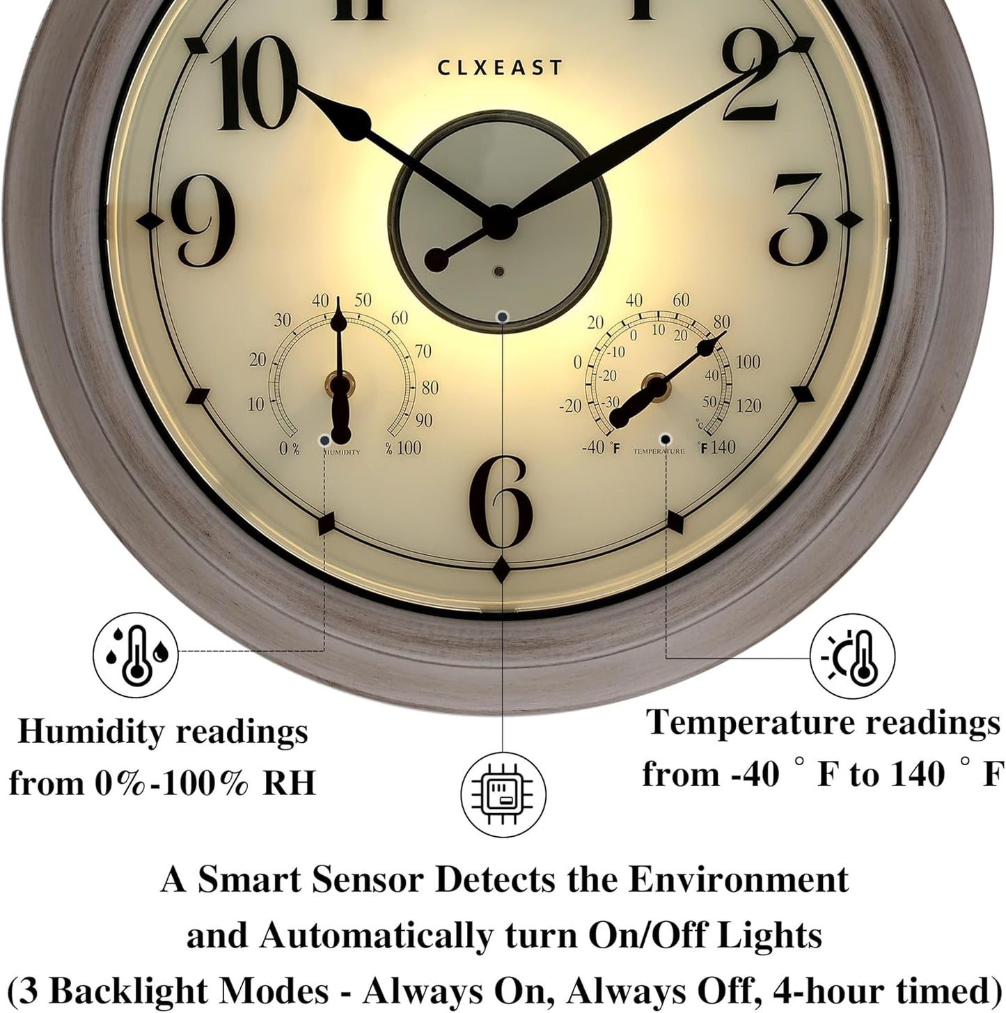 CLXEAST 18 Inch Illuminated Outdoor Clock with AI Smart Sensor, Large Farmhouse Wall Clock with Temperature & Humidity,Weathered White Finish,Unique House Warming Gifts