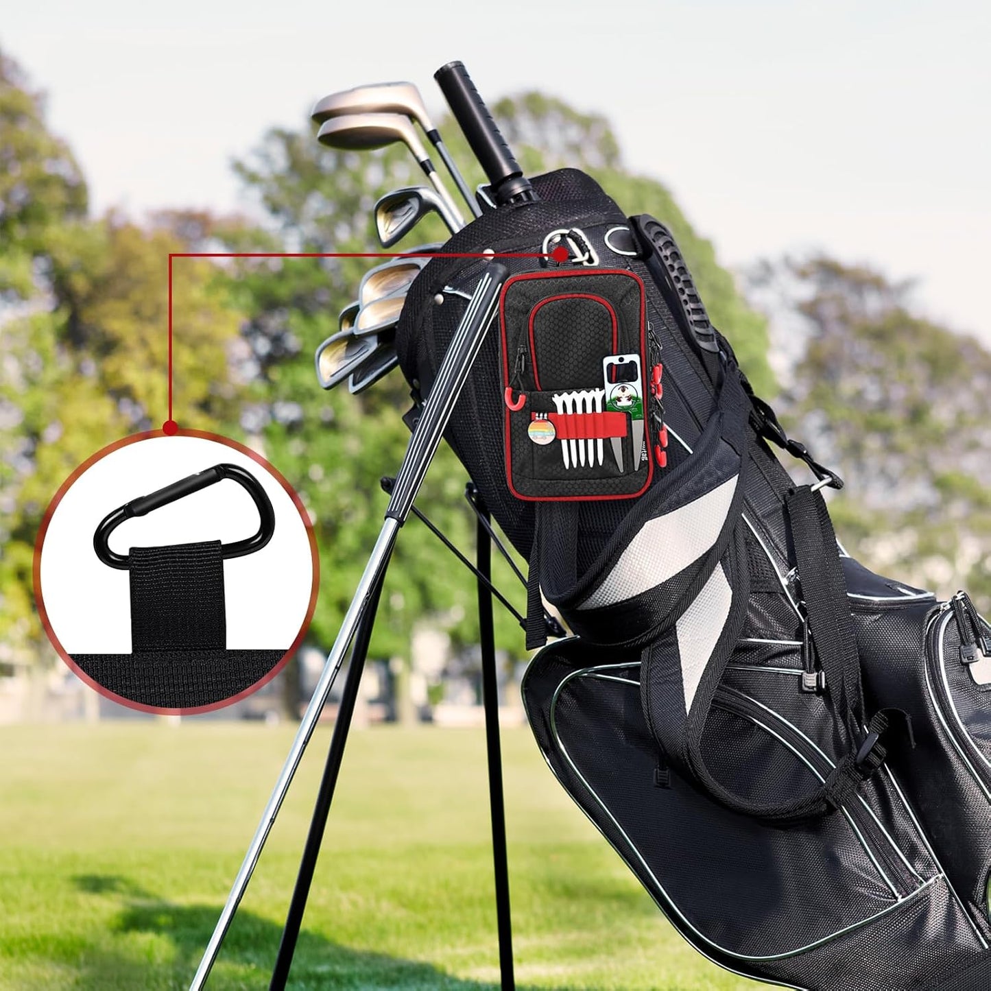 mytag Golf Ball Bag Pouch | Store 12-15 Balls, Golf Valuables Pouch Portable Outfit Organizer Bag Organizer Case Multipocket (Red/Black)