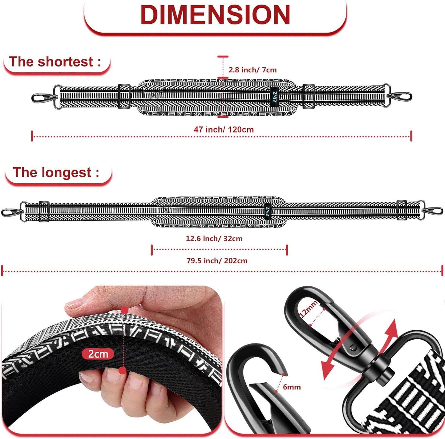 ZINZ 79.5" Universal Strap with Ultra-Thick Fixed Breathable Pad - Adjustable Heavy-Duty Shoulder Strap for Laptop, Crossbody, Luggage, Gym, Camera Bag and More - TH01B03