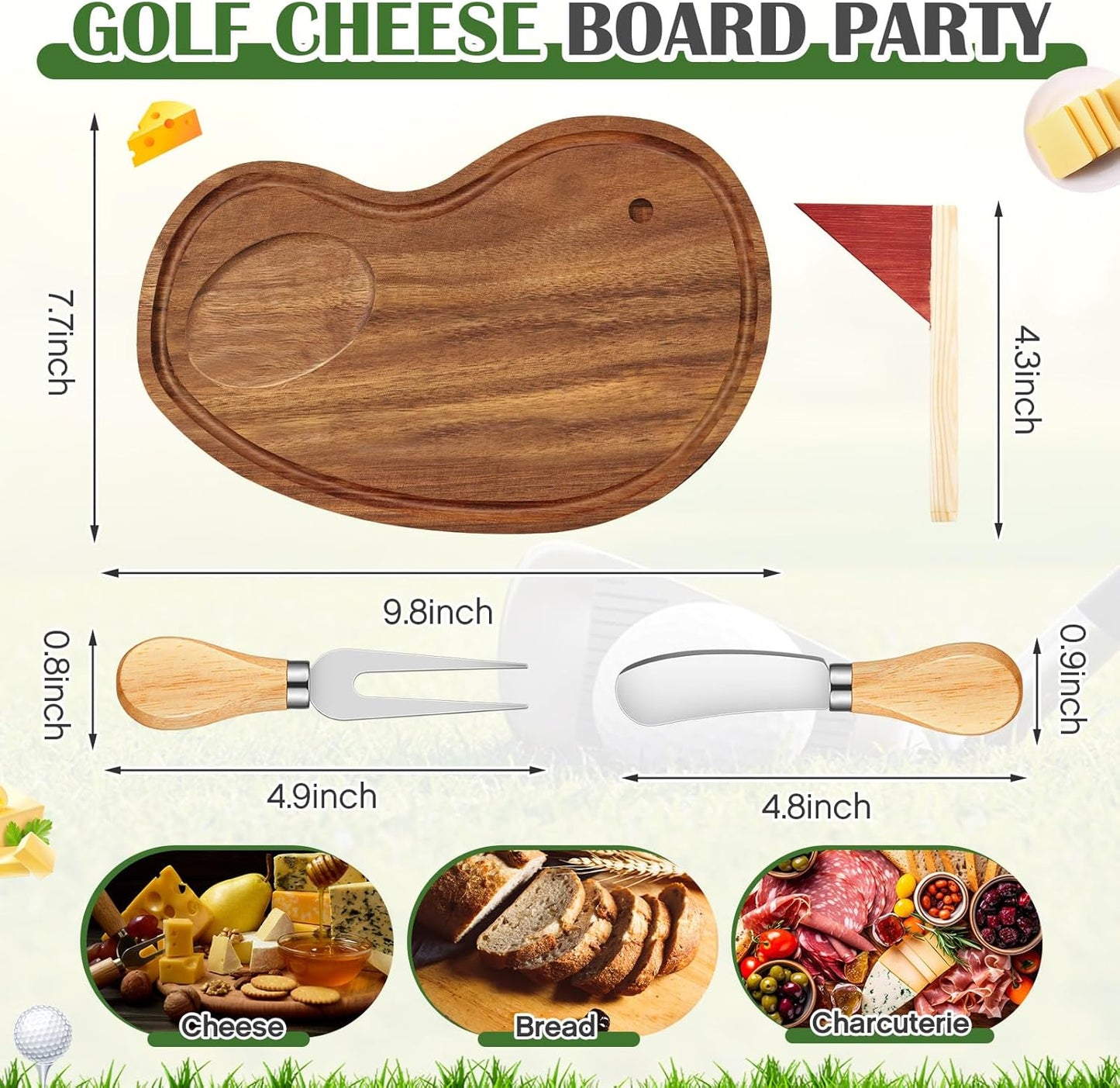 Golf Cheese Board Gift Set Party Favor Prizes Charcuterie Wood Board with Knives and Box Father Day Gift for Dad Grandpa Party Tournament Game(9.8" x 7.7", Acacia Color)