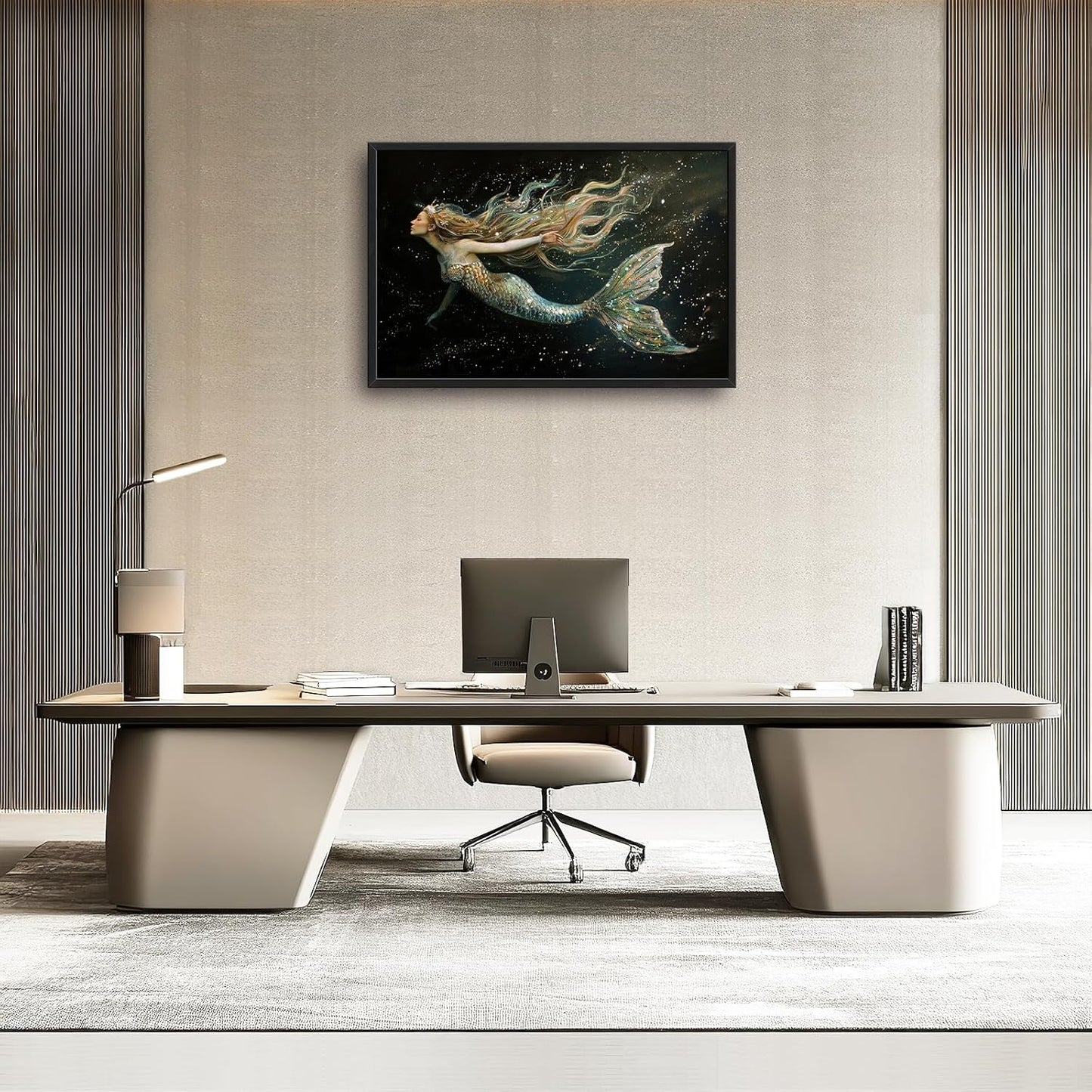 Mermaid Large Framed Wall Art for Living Room Golden Mermaid Pictures Wall Decor Ocean Print Painting Artwork Modern Home Decoration for Bedroom Office 36x24 inch