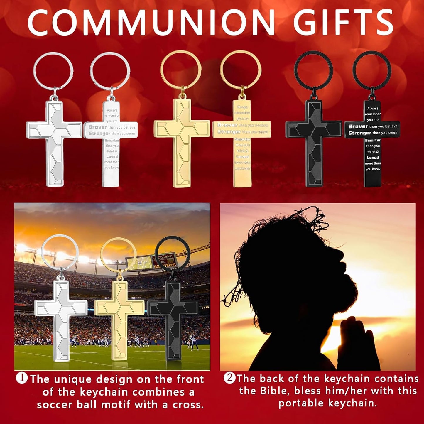 Football/Baseball/Soccer/Basketball Cross Keychains for Men First Communion Baptism Confirmation,Mens Gifts