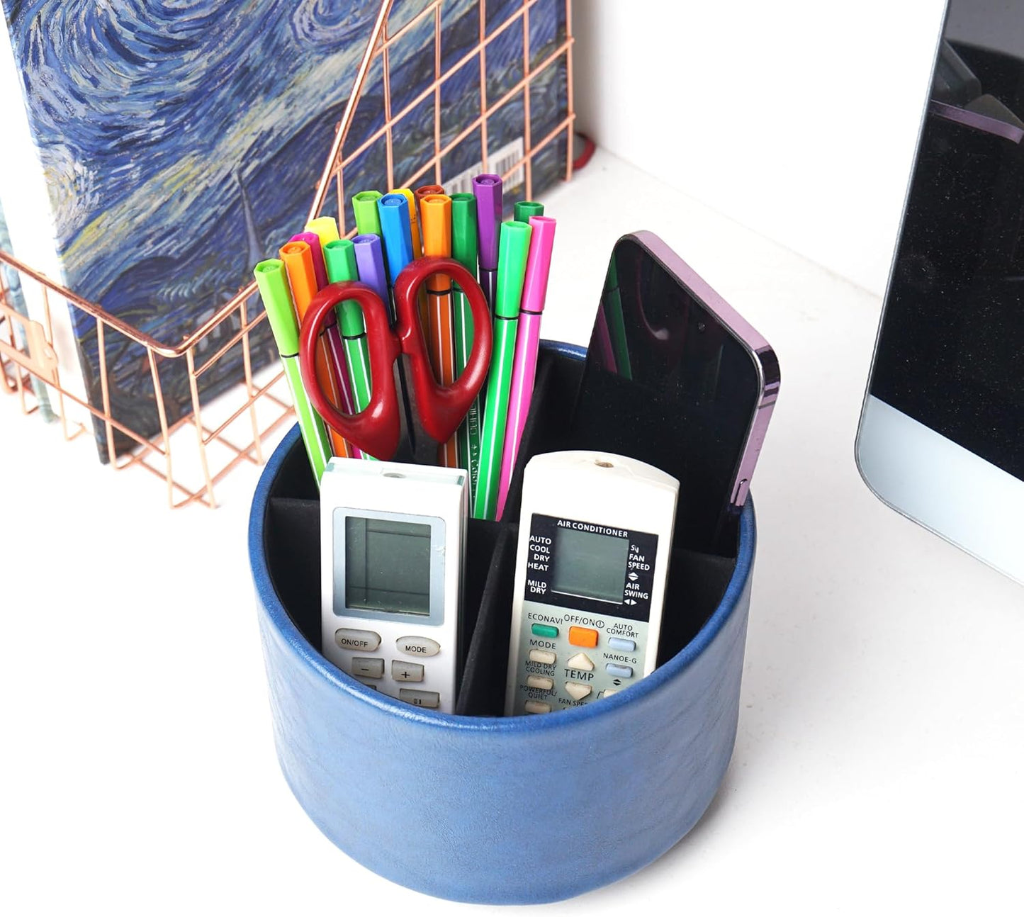 Hennaja Round Leather Art Supply Organizer,Remote Control Holder,360 Degree Spinning,Multi-Functional Pencil Holder,4 Compartments Desktop Stationary Organizer(1-Oil Blue2)