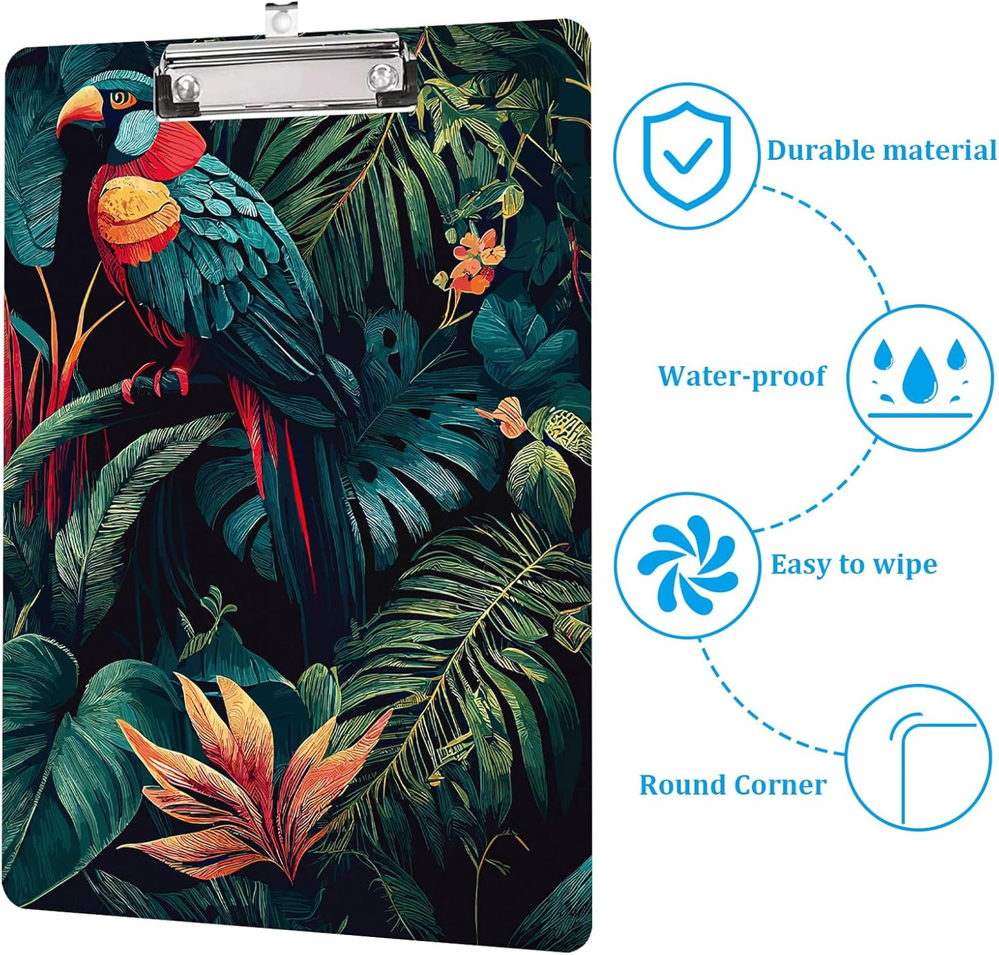 Macaws and Flowers Plastic Clipboards with Low Profile Clip 12.5 x 8.7 Inch Multi Color Plastic Clipboards - Clear Clipboards Bulk Classroom Holds 100 Sheets