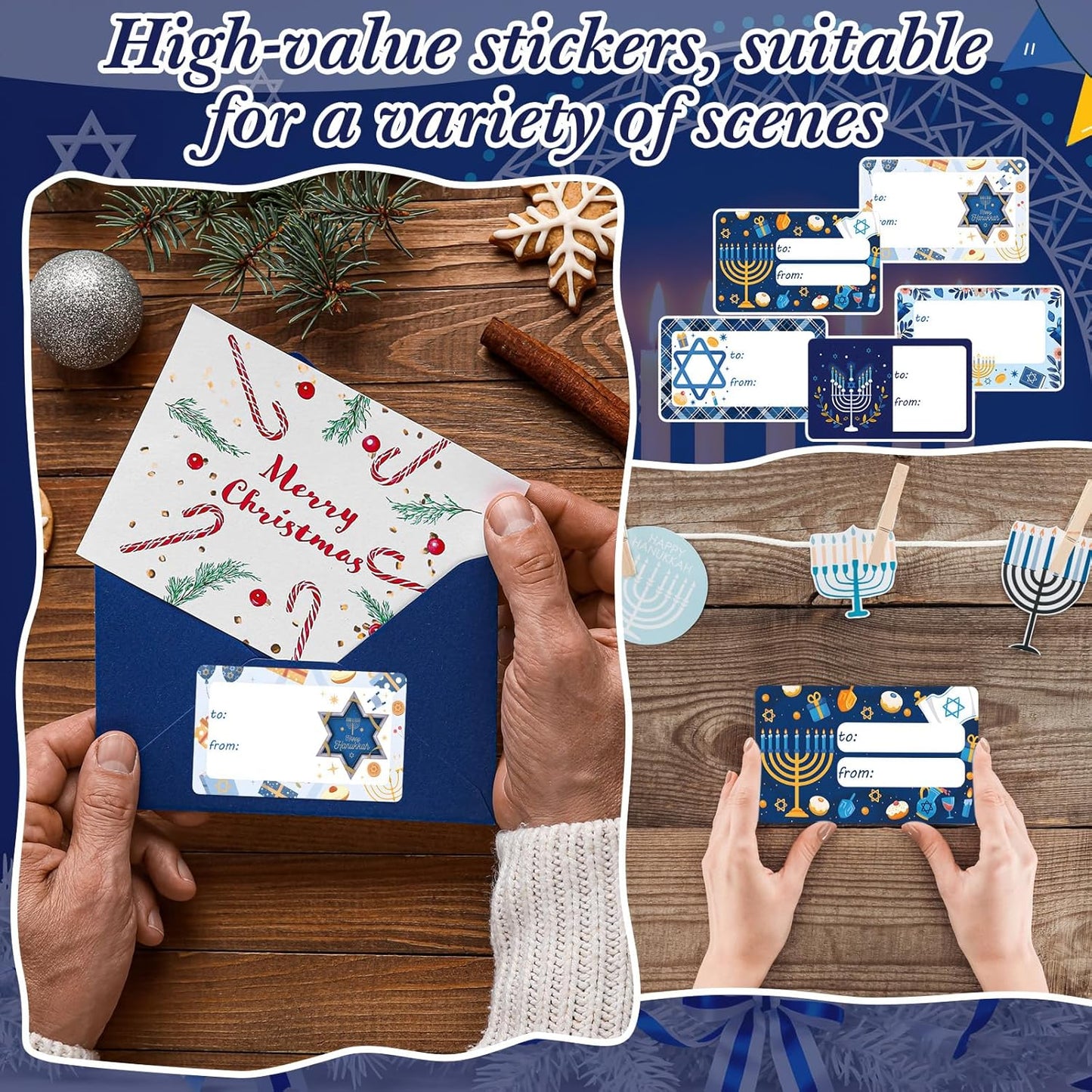 Outus 500 Pieces Christmas Tags Self Adhesive Gift Tags for Xmas Presents Christmas Name Labels Stickers for Wrapping Paper Festival Birthday Holiday Decor(Hanukkah Style,2.76 x 1.57 Inch)