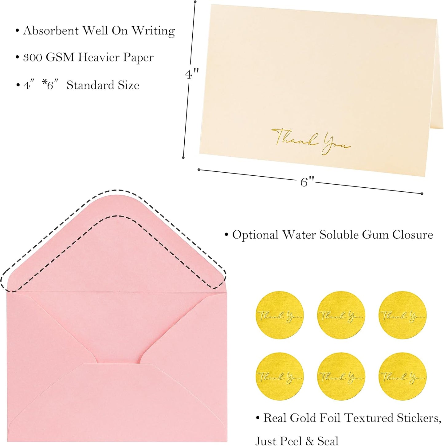 Crisky Pink Thank You Cards with Envelopes & Stickers， 50 Pack Bridal Shower Graduation Thank You Cards Small Business, Wedding Baby Shower Birthday Funeral Notes Bulk
