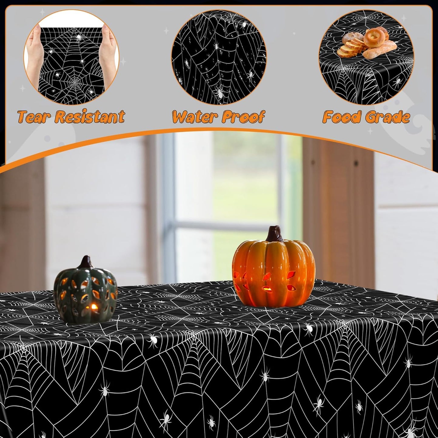 QZYL 6 PCS Spider Web Table Cloth, 54" x 108" Halloween Party Supplies, Black Plastic Tablecloth Disposable Table Cover, Halloween Birthday Party Decorations Decor Dinnerware Home