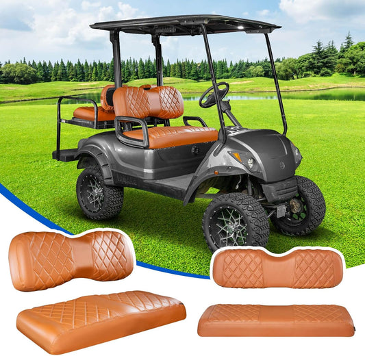 NOKINS 4PCS Golf Cart Seat Covers Kit, Front and Rear Seat Covers Fits YAMAHA/G29/Drive2 Standard Seat Cushion, Yamaha Vinyl Diamond Replacement Seat Covers, No Stapler(All Brown)