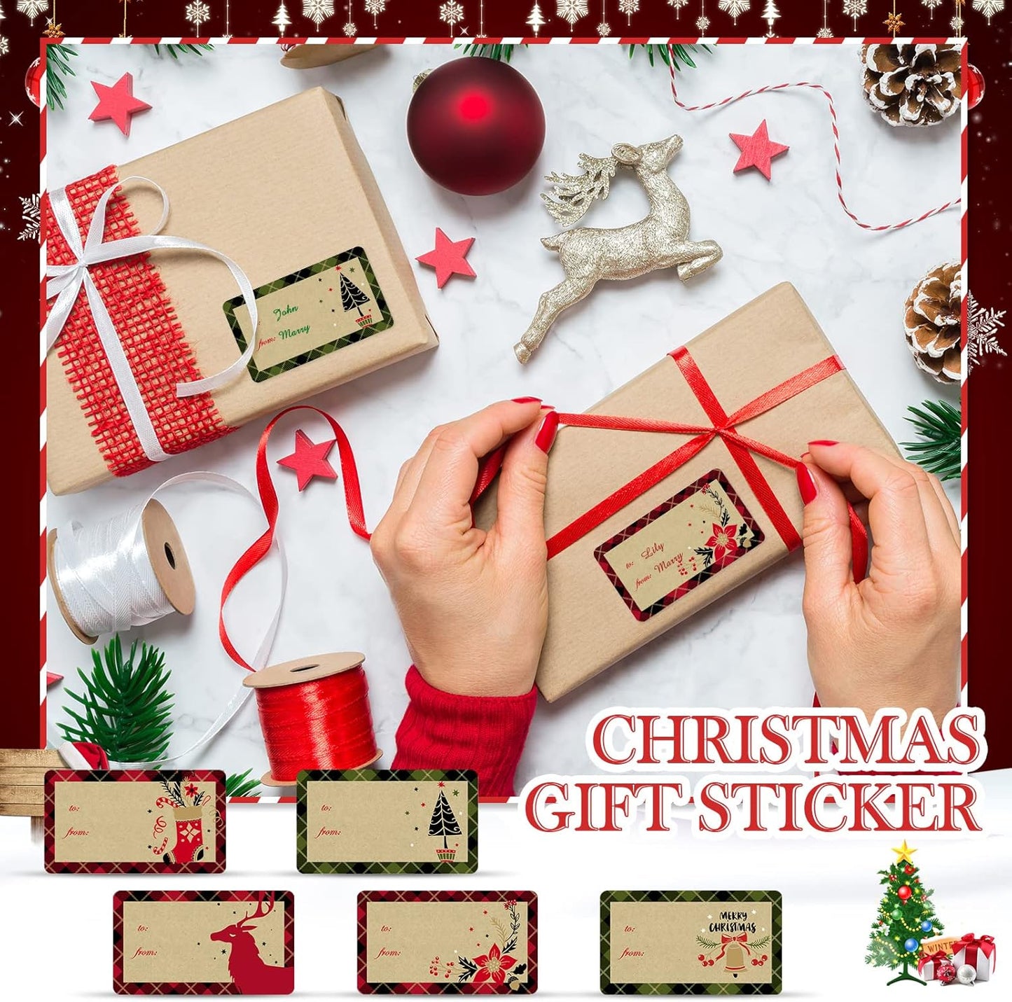 Outus 500 Pieces Christmas Tags Self Adhesive Gift Tags for Xmas Presents Christmas Name Labels Stickers for Wrapping Paper Festival Birthday Holiday Decor(Vintage Style,2.95 x 1.6 Inch)