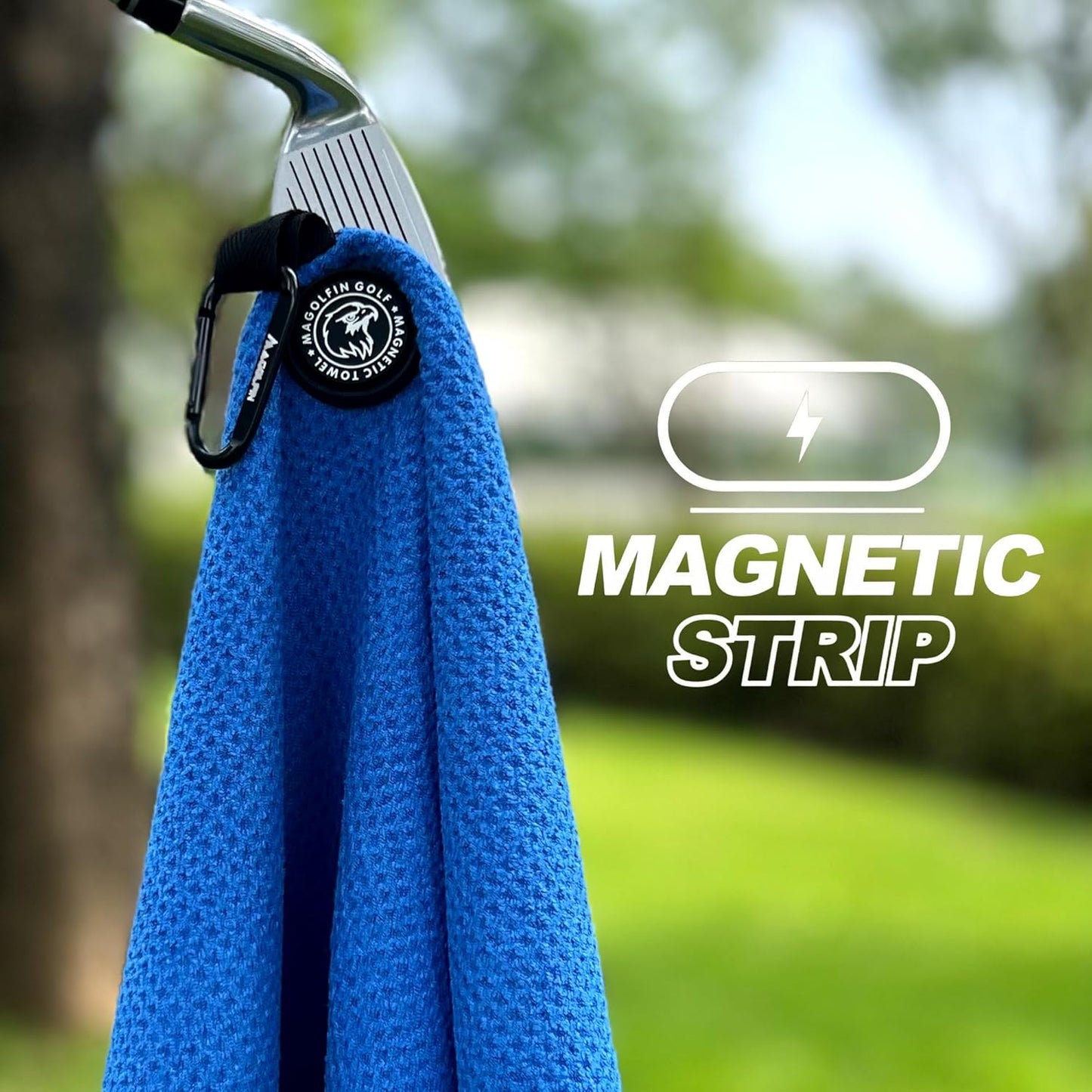 Magnetic Golf Towel with Clip, Microfiber Waffle Design - Industrial Strength Magnet for Strong Hold to Golf Bags, Carts & Clubs - Blue