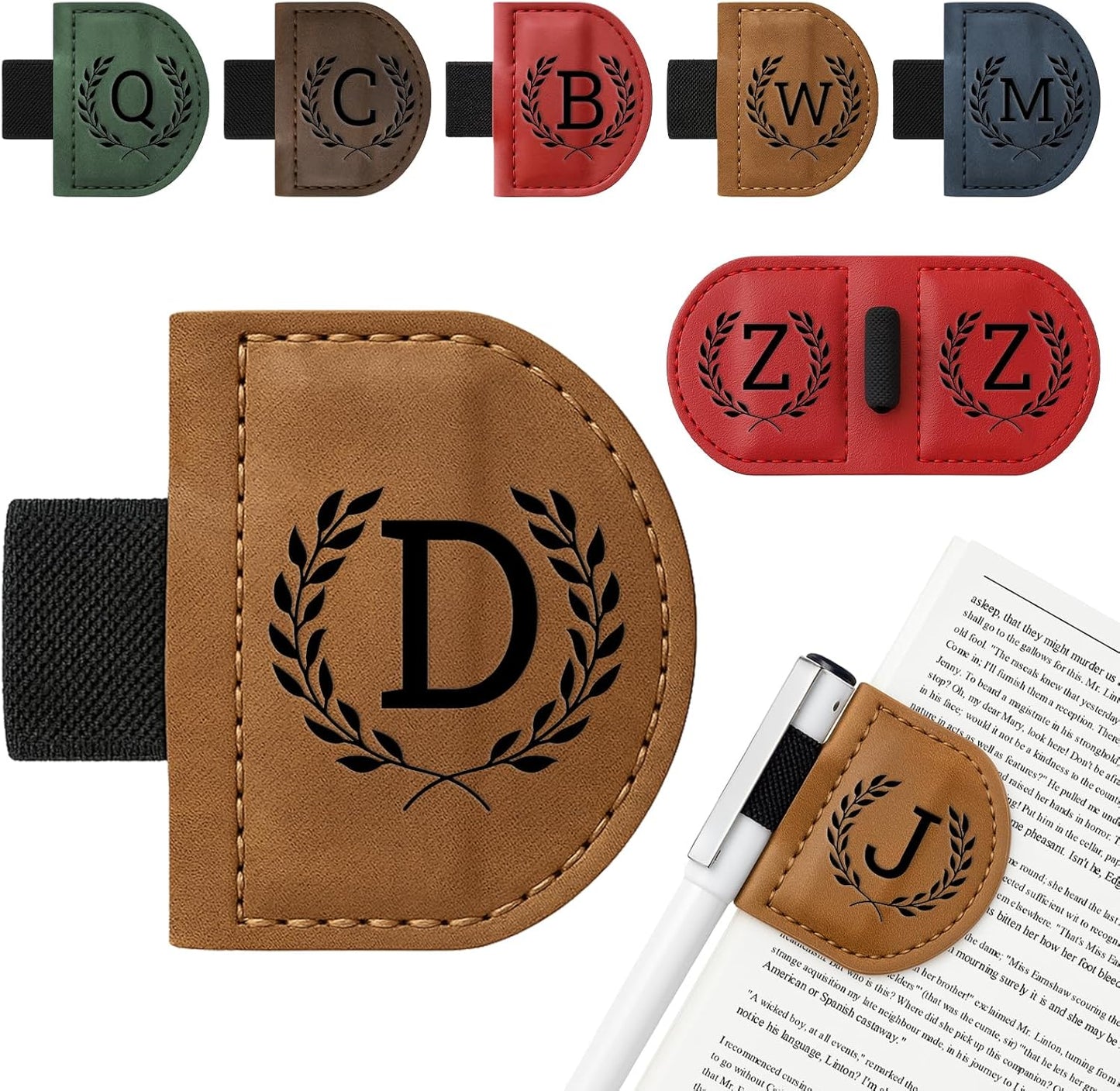 Personalized Bygone Mark Bookmark with Pen Holder,Engraving Leather Magnetic Bookmarks Vintage 26 Letters Name Initials Text Book Marker Clips Gifts for Reading Book Lovers Women (Brown, D)