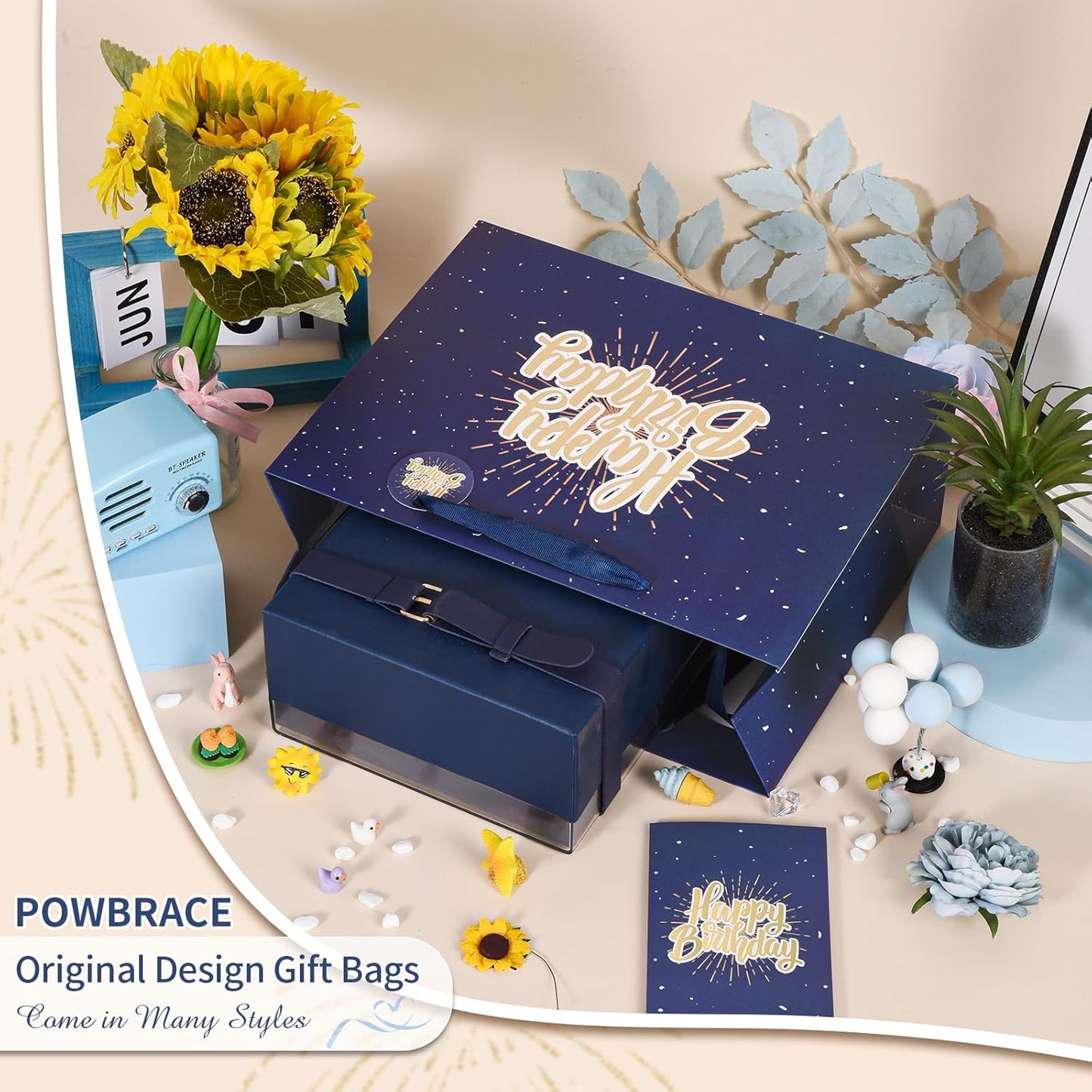 13" Blue Happy Birthday Gift Bag with Tissue Paper and Greeting Card for Party,Happy Birthday Gift Bag for Men Women, Gift Bags Medium size(1 PCS Blue)