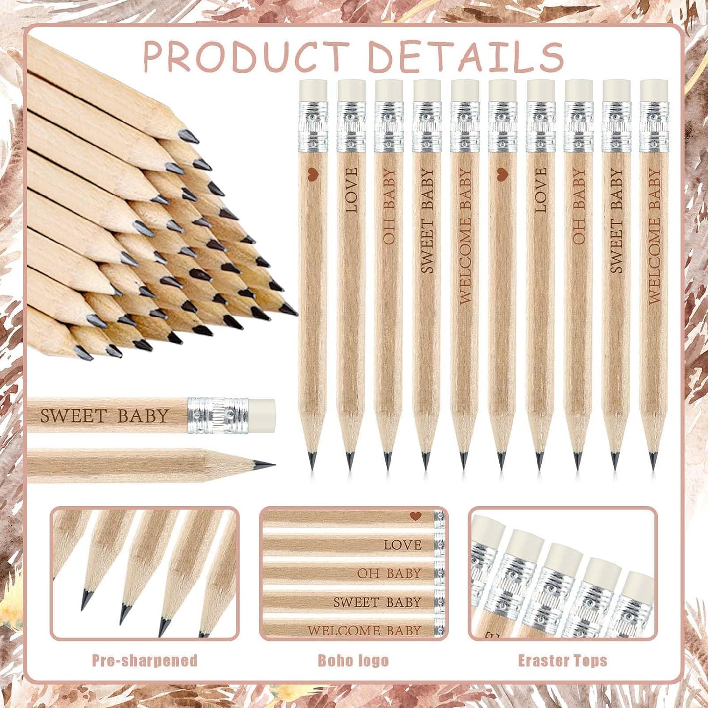 50 Sets Boho Baby Shower Pencils Gifts Bulk for Guest Golf Half Pencil Baby Shower Game Sharpened Mini Pencils with Eraser Bohemian Pampas Grass Girl Boy Neutral Gender Reveal Party Favors