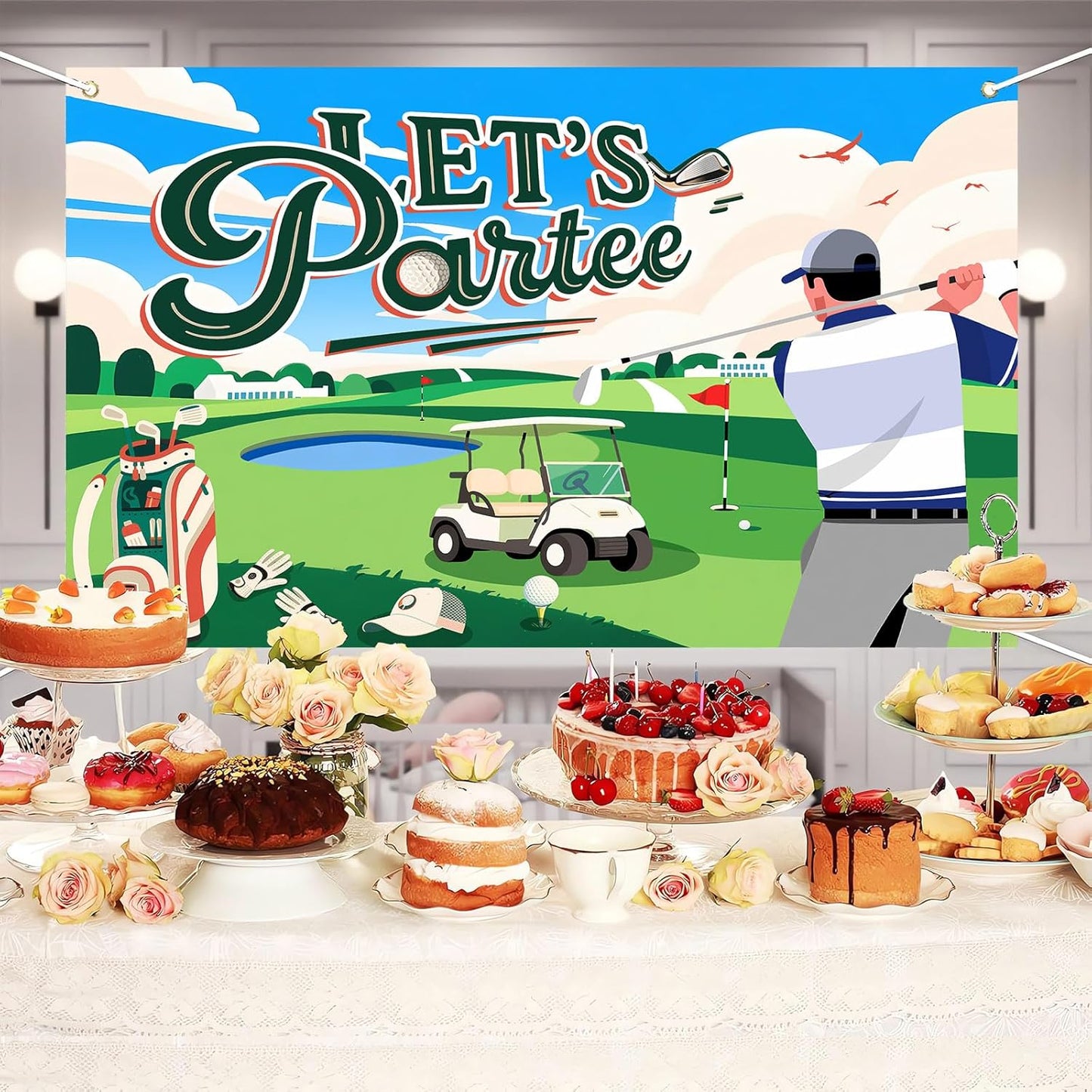 Let's Partee Golf Theme for Birthday Backdrop Green Grass Club Sports Grounds Photo Background Adult Kids Golf Birthday Party Decorations Banner Photo Booth Studio Props 10X7ft