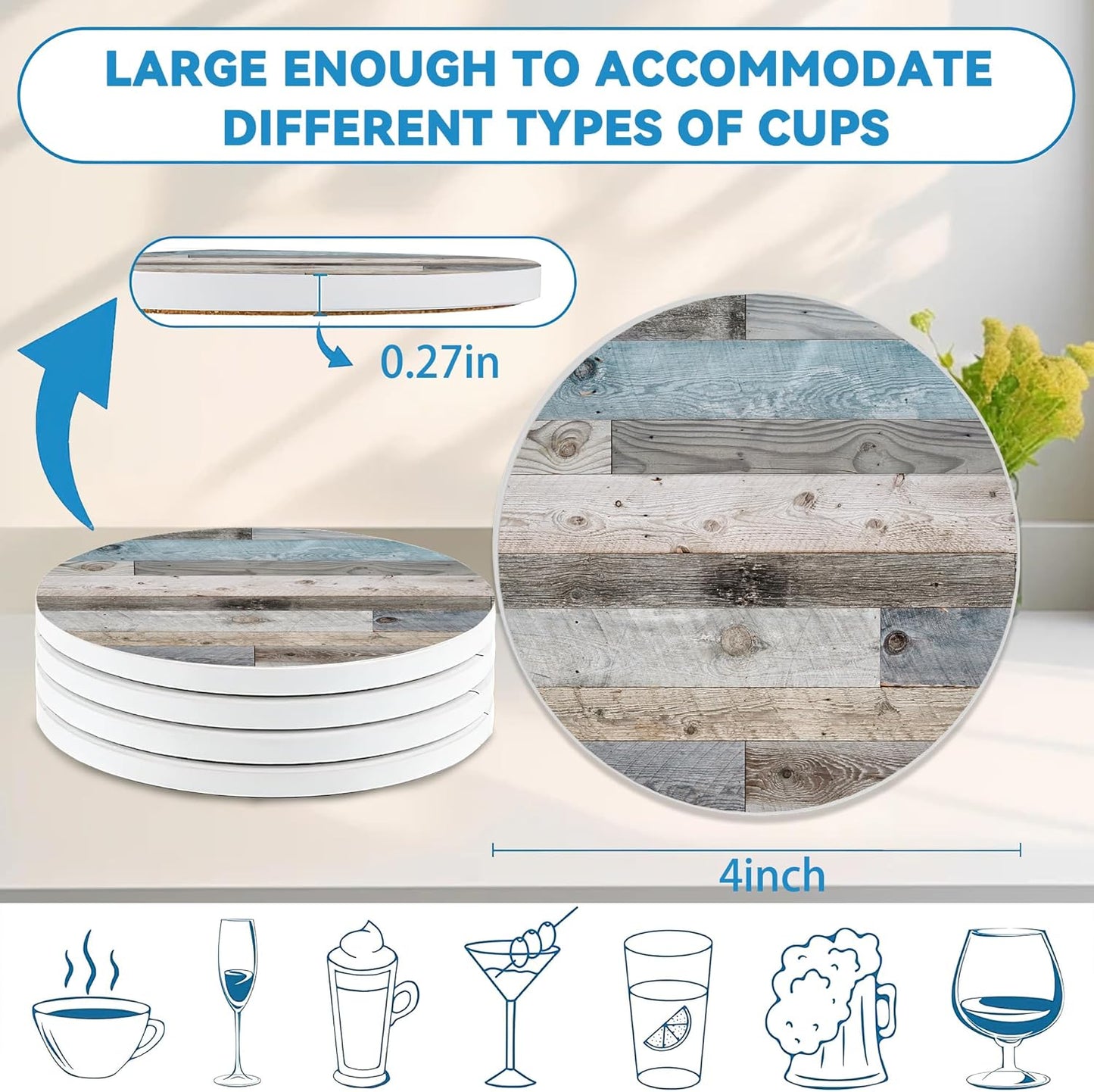 Drinks Coasters Set of 4, Woodboard Round 4" Cup Coasters, Absorbent Ceramic Stone Coasters with Cork Base, Cute Coasters for Table Home Décor, Ideal Gifts for Women Men