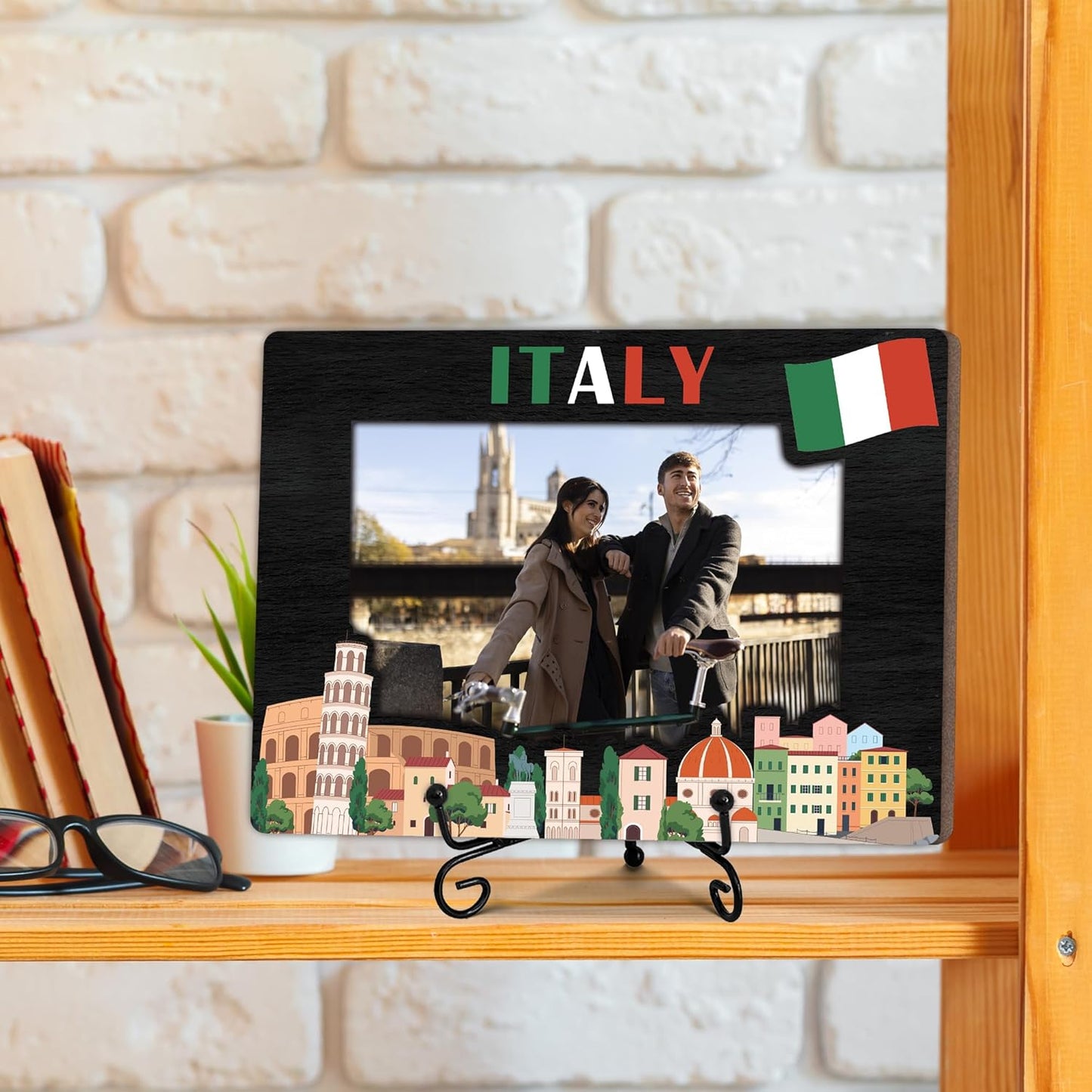 Italy Picture Frame Gift, 5 x 8 Wooden Photo Frame with Stand, Italian Vacation Gifts, Friendship Honeymoon Gift for Friends Couples, Home Office Desk Decorations-A03