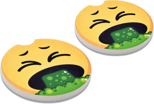 Elektroplate Funny Puke Face Automotive Ceramic Coasters (2.6" Diameter) | Universal Fit for All Cars, Trucks, SUVs, and More | Absorbent Non-Slip Durable | Set of 2