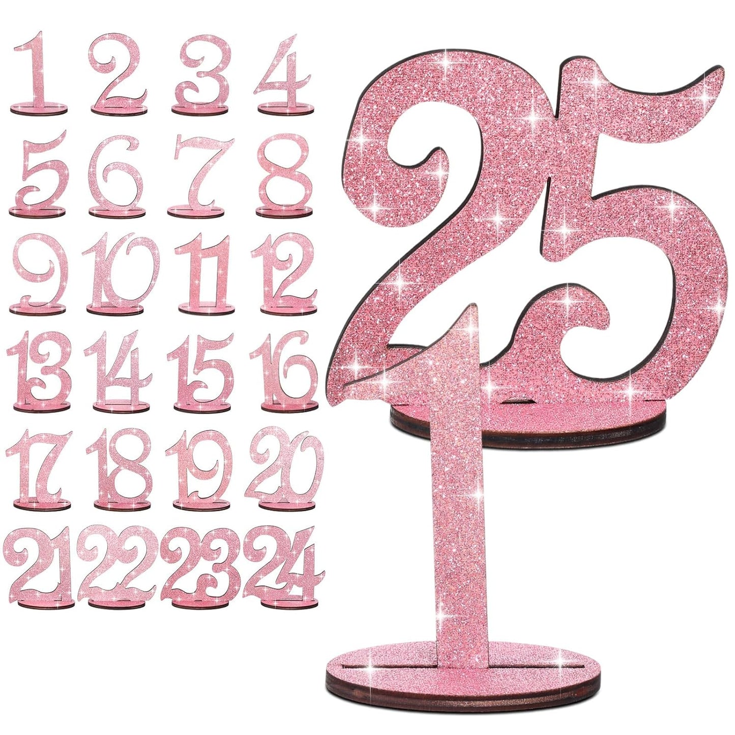 Glitter Table Numbers 1-25 Wooden Table Numbers for Wedding Reception Standing Seat Place Cards with Holder Base for Wedding Party Event Catering Receptions Banquets(Rose Gold)