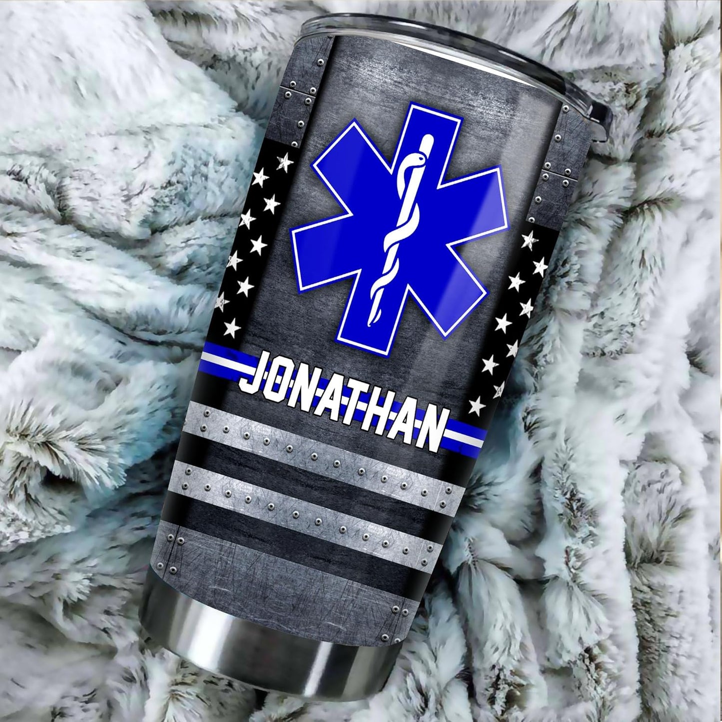 EMS EMT Paramedic Thin White Line American Flag 20oz Tumbler - Gift For Medical Worker - Custom Star Of Life Us Flag - Nurse Gifts for Women - 20oz Tumbler With Lid