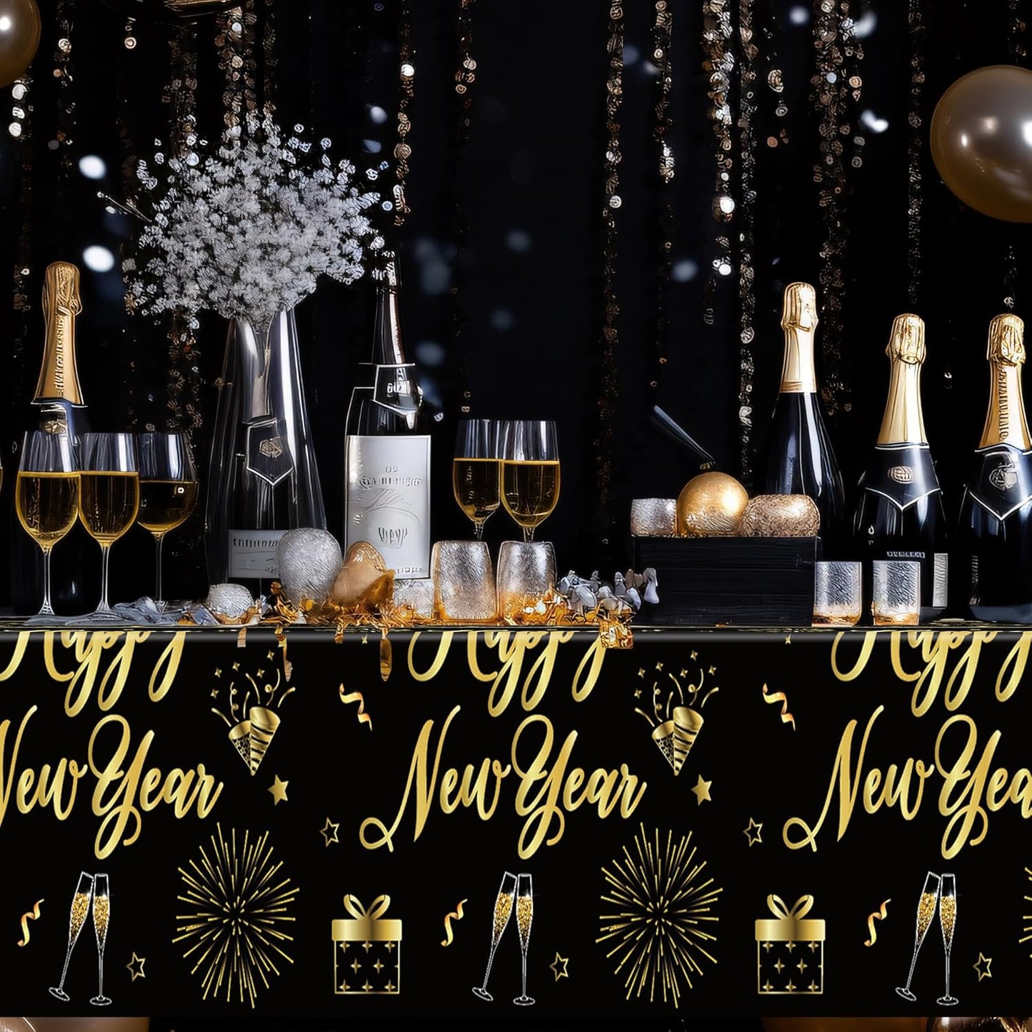3 Pcs New Years Tablecloth, 108 x 54 Inches Disposable Plastic NYE Table Cover 2026, Rectangle New Years Eve Tablecloth with Black Gold Firework Design, Waterproof Table Cover for Nye Party Supplies