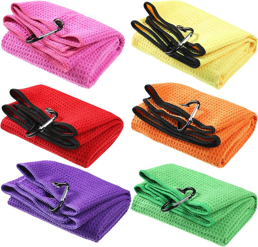 Cindeer 6 Pack Large Golf Towels, 16" x 24" Tri-fold Golf Towels, Microfiber Fabric Waffle Pattern Golfing Towel Portable with Heavy Duty Clip for Golfing Bag Remove Sand Dirt Mud Sweat(Vibrant Color)